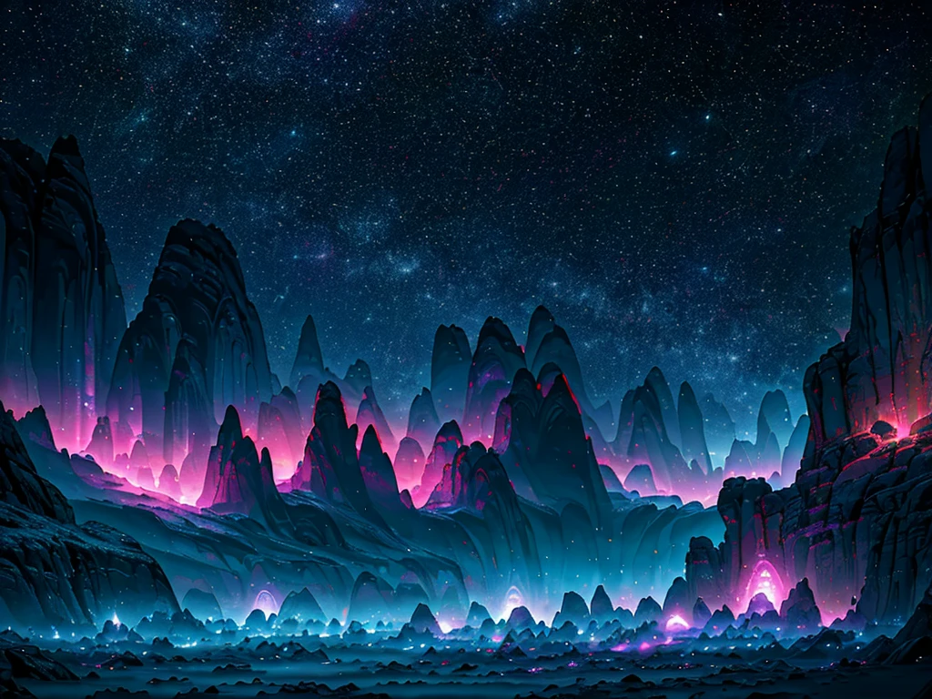 (bright colors, vibrant hues, glowing lights, sci-fi:1.1), detailed rocks and mountains, alien blue plants, strange and unique textures, surreal atmosphere, eerie glow, futuristic technology, mysterious celestial objects, starry sky, alliens animals, details, 