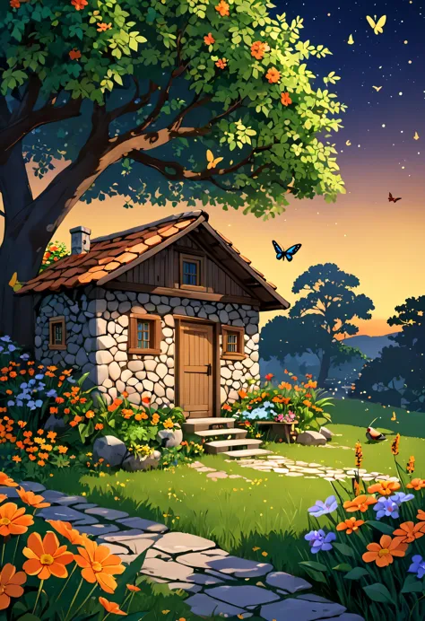1 simple small two-room stone house for a humble poor person , antiga,no meio de um Jardim com flores de todas as cores ,Swiss s...