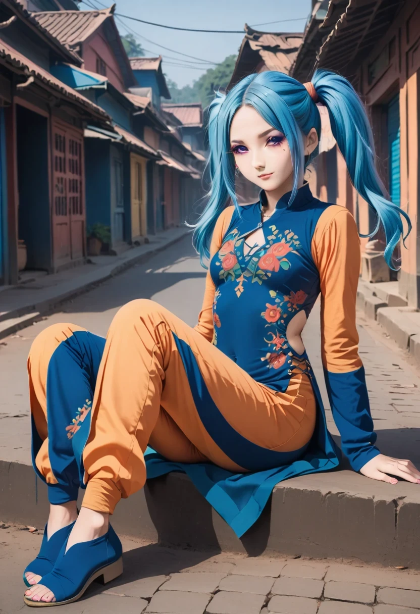 Aisha Hanabi, blue hair, side pigtails, mole under eye, flat chested, anime style, stunning flower printed tight dress, full body view, sitting, legs open, in devapuri city streets, india, 