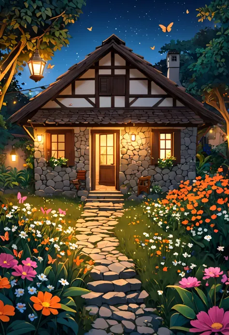 1 simple small two-room stone house for a humble poor person , antiga,no meio de um Jardim com flores de todas as cores ,Swiss s...