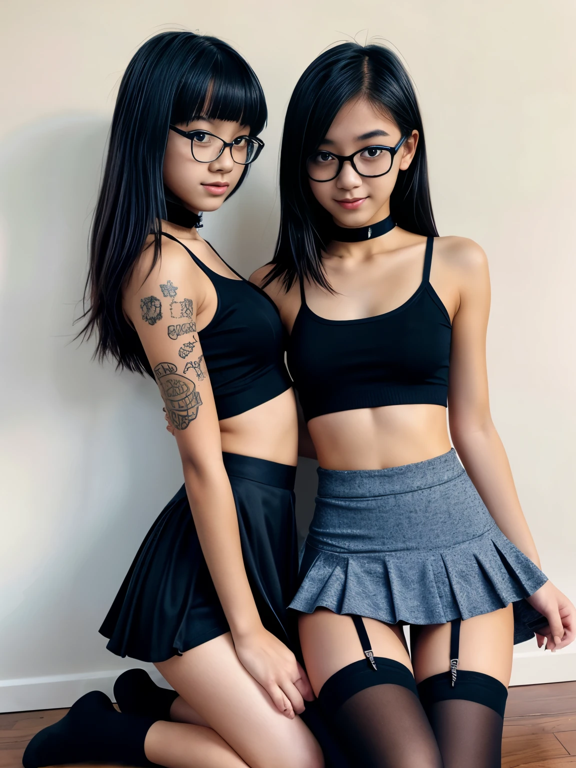 Two asian women in black and grey outfits posing for a picture - SeaArt AI