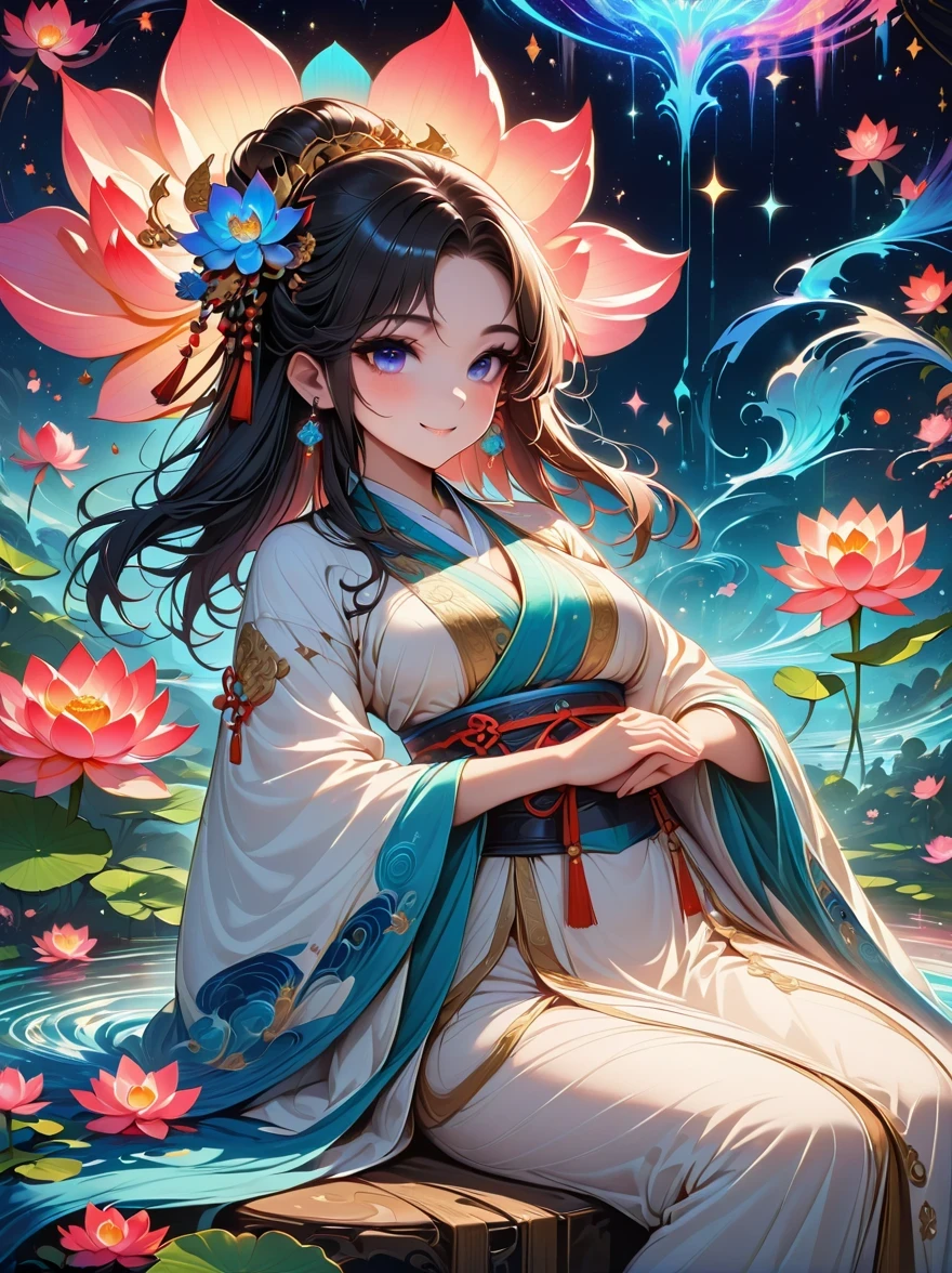 top quality，masterpiece：1.2，detailed details，Flashing Hanfu girl，beautiful young goddess，smile softly，She clasped her hands together，Prayer and meditation，She is wearing a white dress，Stars twinkling in the blue night sky，you sit on a lotus，In a fantastic atmosphere，Feel as if you are one with the universe，actual，neon lights，(Liquid light background)，(Cowboy shooting:1.9)，(ultra high definition, masterpiece, precise, anatomically correct, textured skin, Super details, high detail, Award-winning, best quality, 8K)