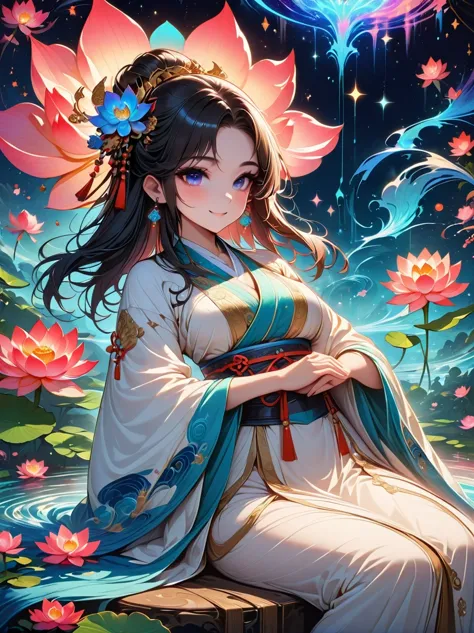 top quality，masterpiece：1.2，detailed details，flashing hanfu girl，beautiful young goddess，smile softly，she clasped her hands toge...