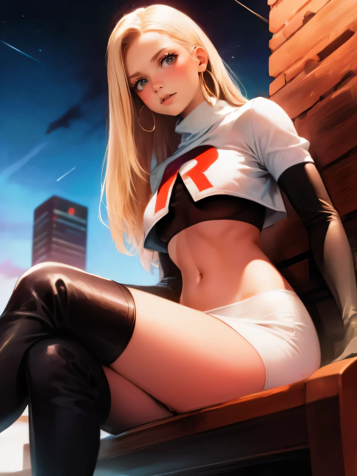 blonde young woman ,earrings ,lipstick, eye shadow ,team rocket uniform, red letter R, white skirt,white crop top,black thigh-high boots, black elbow gloves, evil villianess look, looking down on viewer, sitting, upskirt, night sky background, braless