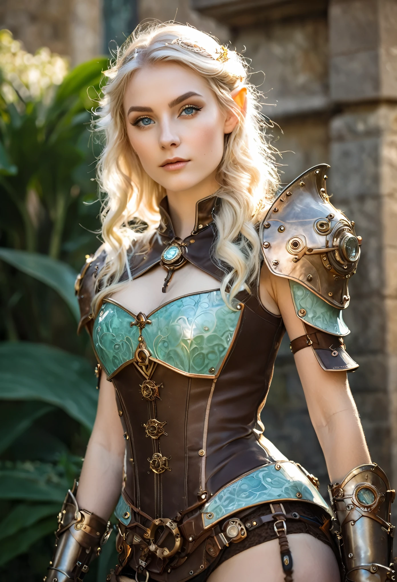 Masterpiece, a beautiful female elf Steampunk knight (Lily Larimar 1.0), bright eyes, blonde hair, broad shoulders, strong body, high detail pale skin with light freckles, high detail filigree elf Steampunk armor, outside, (skin texture:1.1), best quality, ultra high res, Raw photo, Nikon D850, backlight, rimlight, bright sunlight, film grain:1.2, (warm hue, warm tone:1.2), (color photo), Steampunk castle background