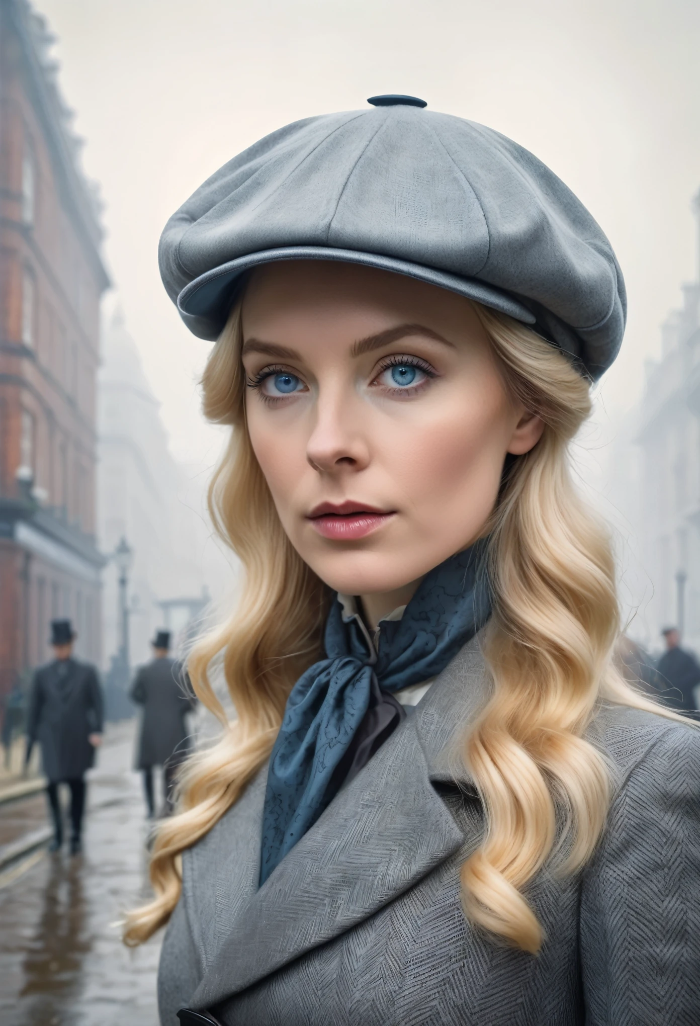 blond woman with soft blue eyes, wears a grey deerstalker cap, dressed like Sherlock Holmes, hyperrealistic , 28 years old, masterpiece, wear a oldstyle victorian dress, oldstyle, outdoor, old London City, foggy Atmosphere, 