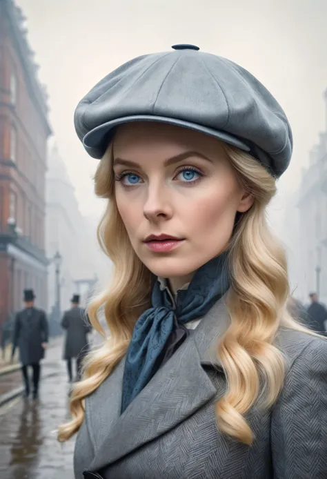 blond woman with soft blue eyes, wears a grey deerstalker cap, dressed like Sherlock Holmes, hyperrealistic , 28 years old, mast...