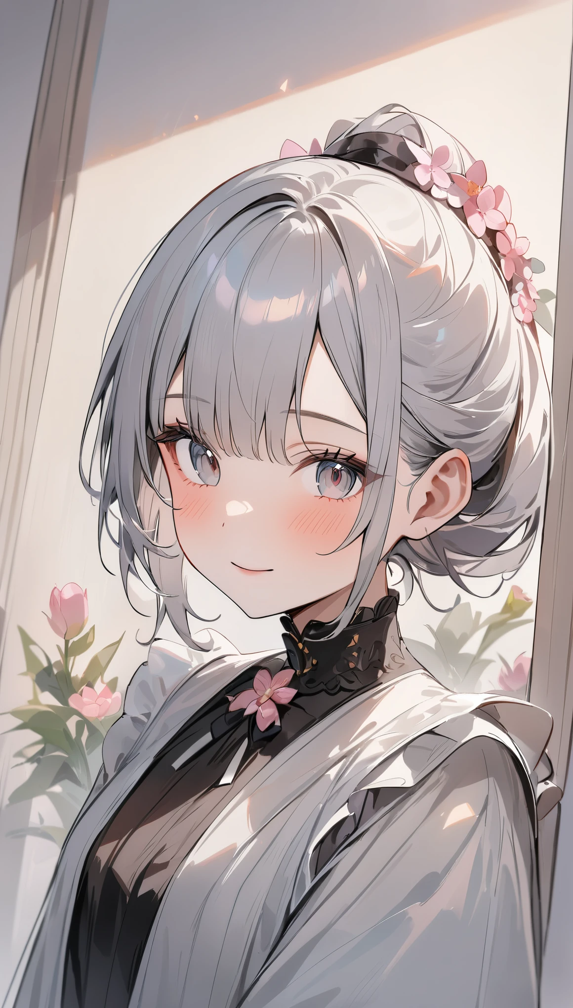 A wall with pictures of flowers on a white wall、Wall with artistically painted pink flowers、one girl、adorable girl、cute face、ash gray haine eyes、silence、zazen、small breasts、costumes with intricate decorations、highest quality、best image quality、masterpiece:1.3、portrait、８K、perfect lighting、professional photographer、