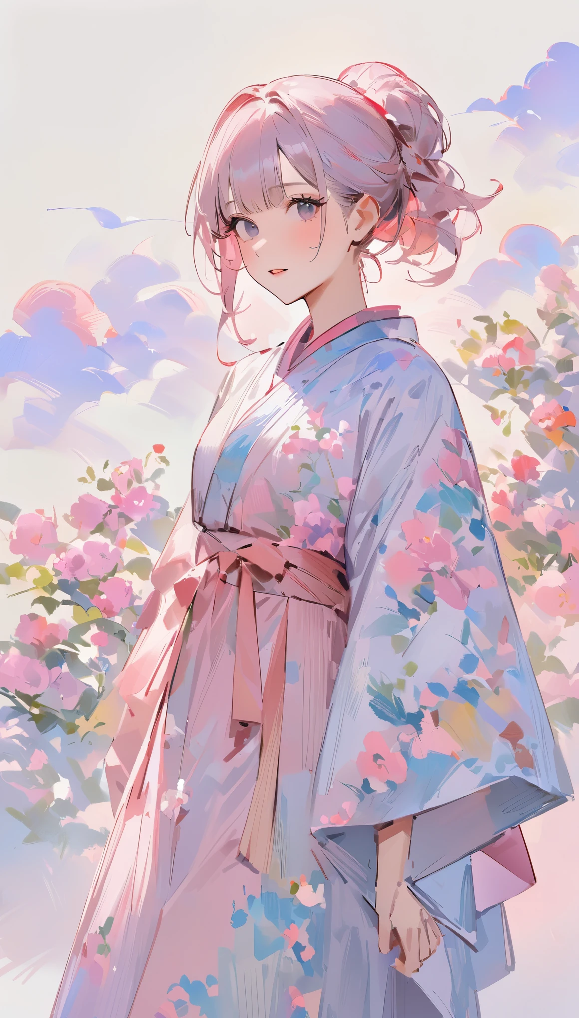 (((simple configuration)))、(((The background is a white wall:1.2)))、one girl、perfect anatomy、painterly、sketch、very delicate、wall with cloud-like pattern、、Floral、delicate depiction、abstract、Bright colors overall、Gentle color、kimono、Taisho romance、(masterpiece、highest quality、highest quality、official art、beautiful beautiful:1.2)