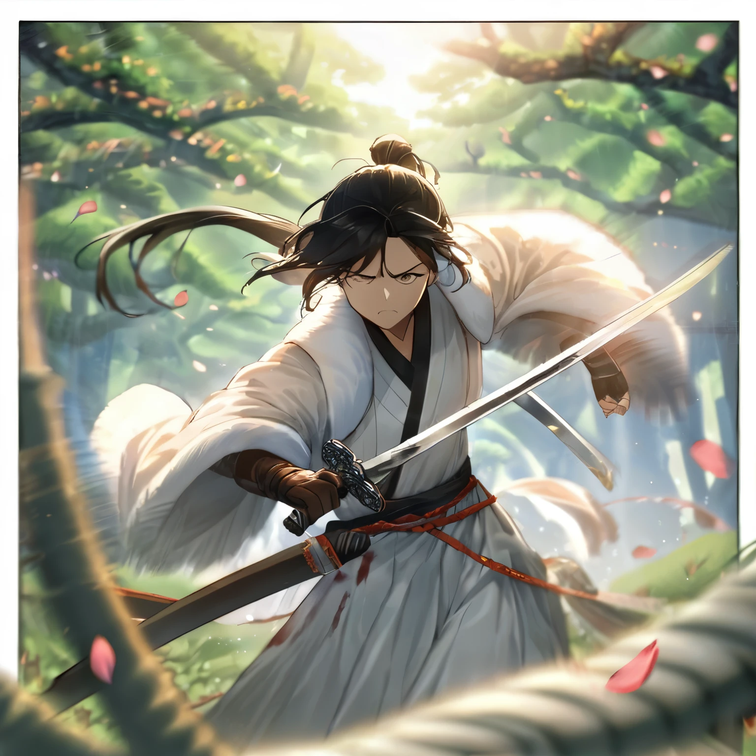 (blood),(motion blur),(dress in white),Petals fluttering in the wind, shining swords, helpless expression, anger, fighting with death, very detailed expression, very detailed petals,ponytail, 2swordsman fighting,fight,gongfu,stand in trees, 2swordsman stood in a peach tree forest with petals dancing,petals , detailed ,completing the stable diffusion of serenity and contentment,masterpiece, best quality,masterpiece, best quality, swordman,holding a sword(trees:0.5),(eagle:0.5), (bamboo:0.2) fighting stance, 1man, glowing, solo, weapon, sword, tree, holding, gloves, outdoors, sheath, border, holding weapon, black hair, holding sword, fur trim, looking away,look at view