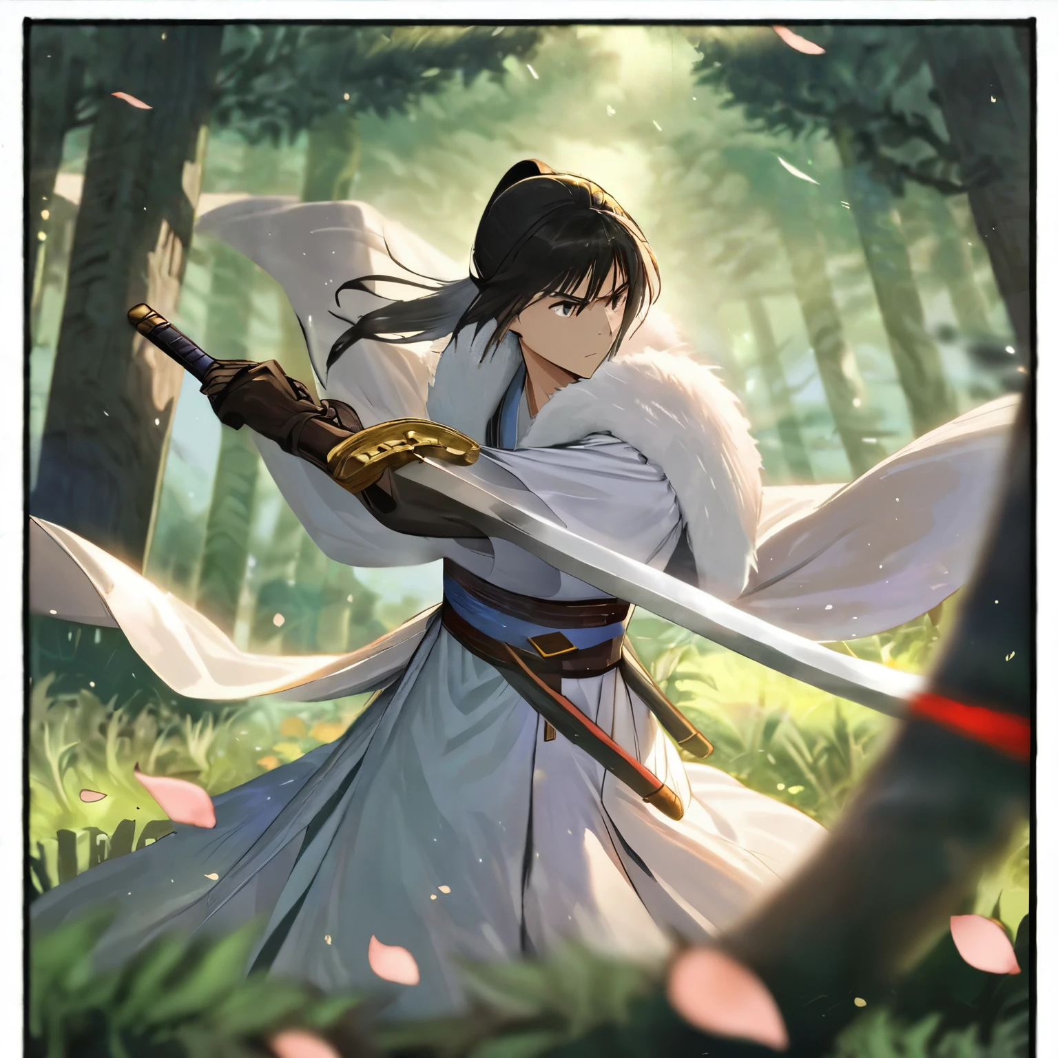 (blood),(motion blur),(dress in white),Petals fluttering in the wind, shining swords, helpless expression, anger, fighting with death, very detailed expression, very detailed petals,ponytail, 2swordsman fighting,fight,gongfu,stand in trees, 2swordsman stood in a peach tree forest with petals dancing,petals , detailed ,completing the stable diffusion of serenity and contentment,masterpiece, best quality,masterpiece, best quality, swordman,holding a sword(trees:0.5),(eagle:0.5), (bamboo:0.2) fighting stance, 1man, glowing, solo, weapon, sword, tree, holding, gloves, outdoors, sheath, border, holding weapon, black hair, holding sword, fur trim, looking away,look at view