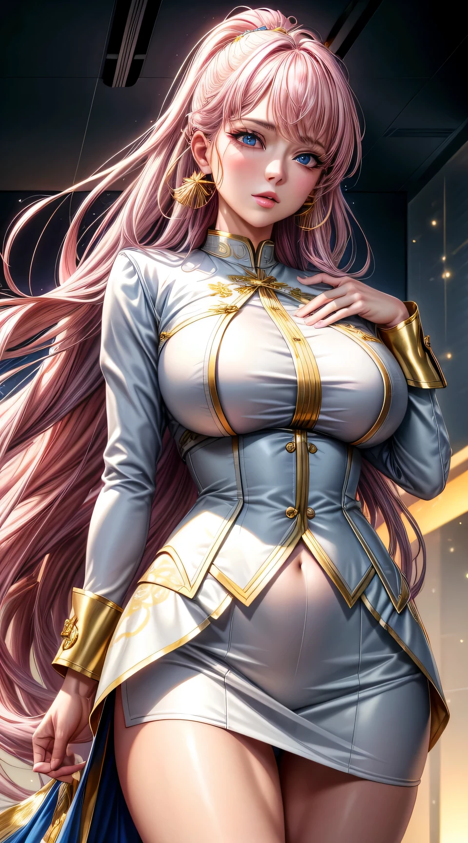 (best quality:1.5, highres, UHD, 4K, detailed lighting, shaders), ( high quality eyes), ( high quality fingers), gold floral haired, gradient hair, large breasts, gold suit, white shirt, social shirt, white short skirt, mature woman , (pov), white background, colorful eyeshadow, dramatic lighting, sparkling eyes, sensual expression, golden earrings, flowing hair, delicate facial features, soft pink metallic skin, high cheekbones, urban setting, white background, dont look for the camera, lean forward,  behind  the camera