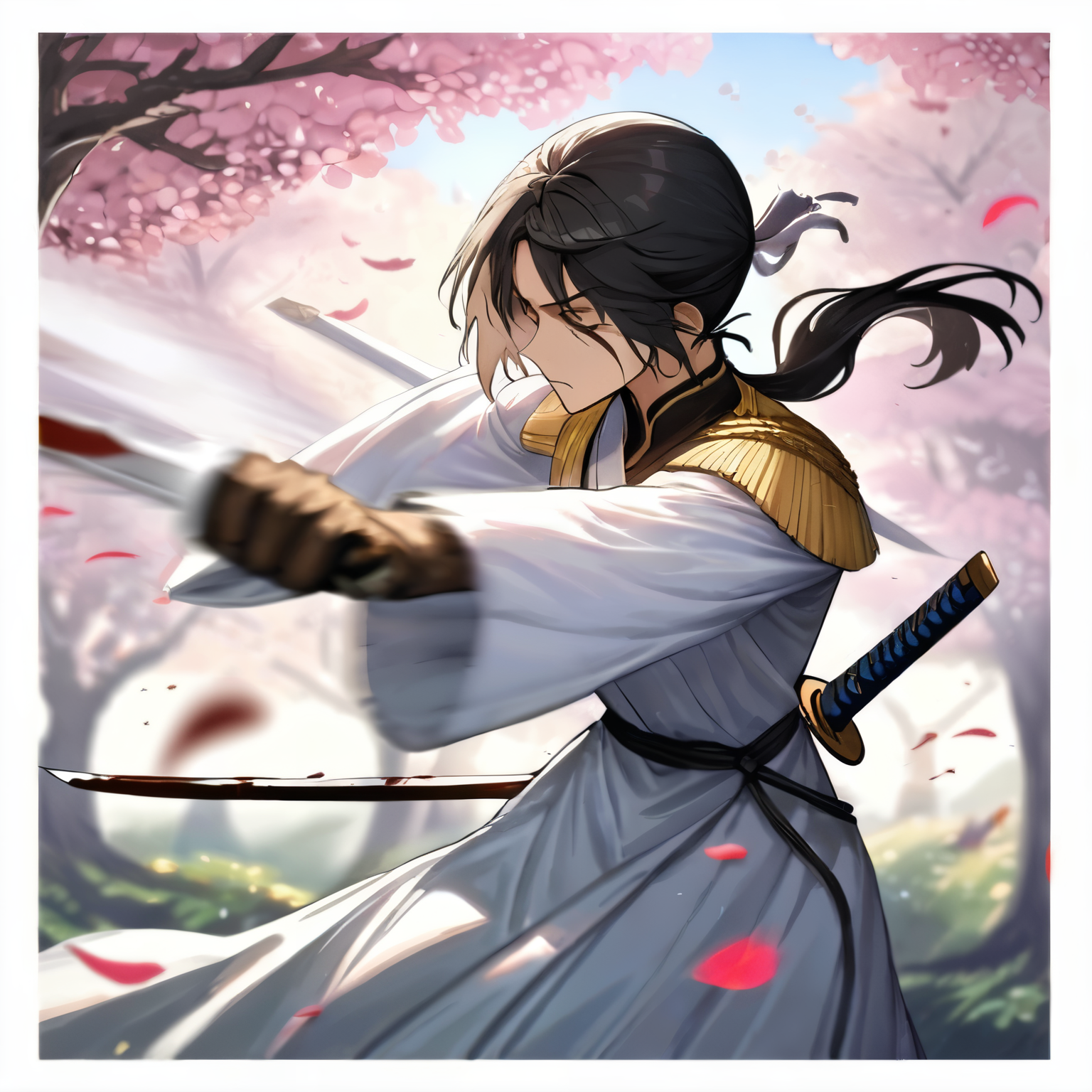 (blood),(motion blur),(dress in white),Petals fluttering in the wind, shining swords, helpless expression, anger, fighting with death, very detailed expression, very detailed petals,ponytail, 2swordsman fighting,fight,gongfu,stand in trees, 2swordsman stood in a peach tree forest with petals dancing,petals , detailed ,completing the stable diffusion of serenity and contentment,masterpiece, best quality,masterpiece, best quality, swordman,holding a sword(trees:0.5),(eagle:0.5), (bamboo:0.2) fighting stance, 1man, glowing, solo, weapon, sword, tree, holding, gloves, outdoors, sheath, border, holding weapon, black hair, holding sword, fur trim, looking away,look at view