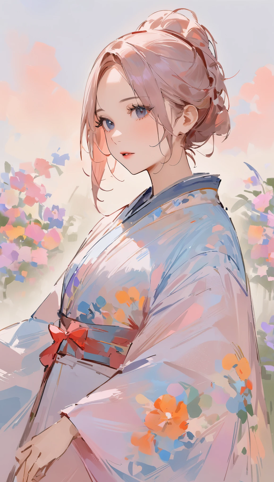 (((configuration simple)))、(((Le fond est un mur blanc:1.2)))、Une fille、Anatomie parfaite、pictural、esquisser、très délicat、mur avec motif en forme de nuage、、Floral、Représentation délicate、Abstrait、Couleurs vives dans l&#39;ensemble、Couleur douce、kimono、Romance Taisho、(chef-d&#39;œuvre、la plus haute qualité、la plus haute qualité、art officiel、belle belle:1.2)