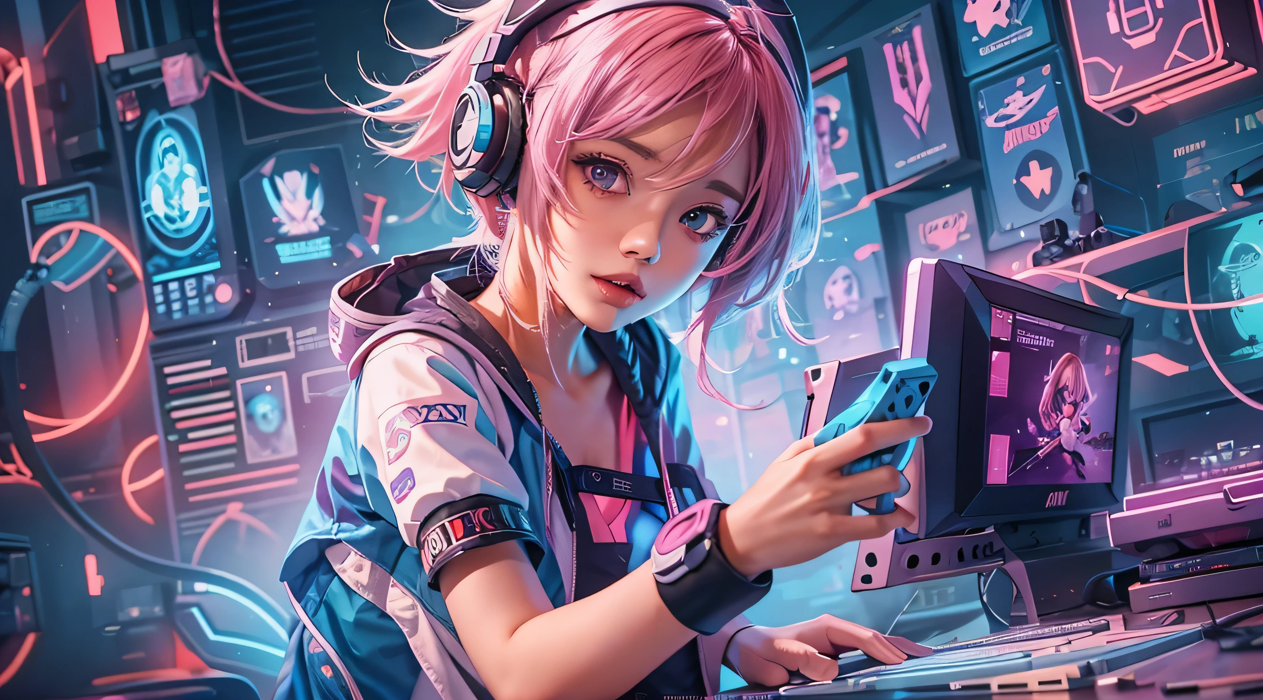 Anime girl with headphones on using a cell phone in front of a computer -  SeaArt AI