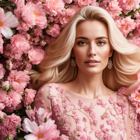 a beautiful woman surrounded by flowers,blonde hair, surrounded by pink flowers, wearing a stunning pink flowing dress, ultra hi...