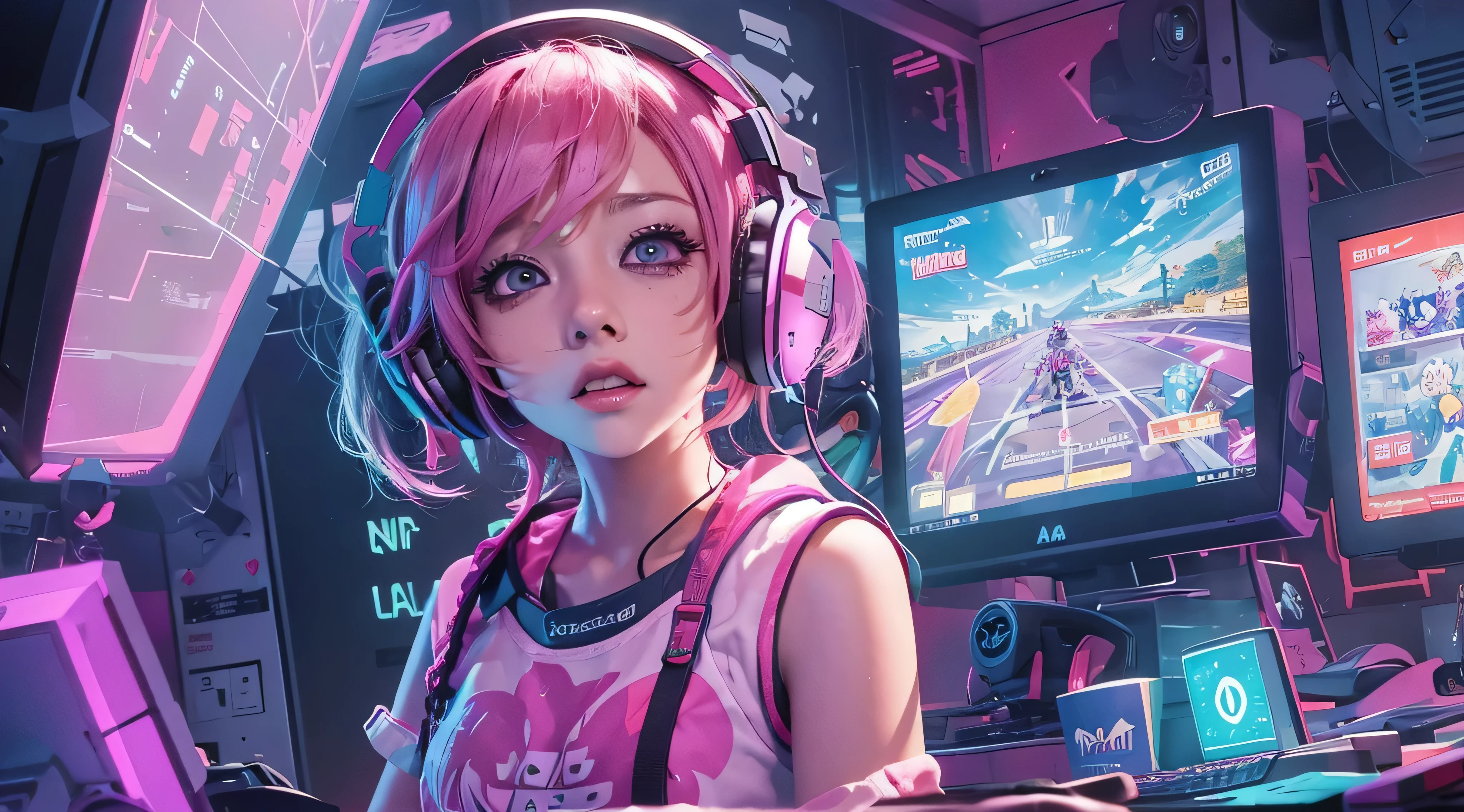 A girl with pink hair, wearing a colorful outfit and cosplay costume, stands in a dynamic pose. She has a playful expression on her face as she enjoys playing video games. The girl is a gamer, immersed in her virtual world, holding a console controller in one hand and a keyboard in the other. She wears headphones, symbolizing her dedication to gaming. The scene is set in a brightly lit studio with soft lighting, enhancing the vivid colors of the girl’s outfit. The composition is creative and cartoonish, with a background scenery featuring artistic interpretation of video game elements. Glowing digital effects surround the girl, adding to the energetic and action-packed atmosphere. Electric blue accents are scattered throughout the image, giving it a mysterious and futuristic feel. Overall, the prompt aims to capture the fun, enthusiasm, and creativity associated with gaming, while showcasing the girl's passion and love for video games in an anime-style artwork.
Slim body pc gamer girl
