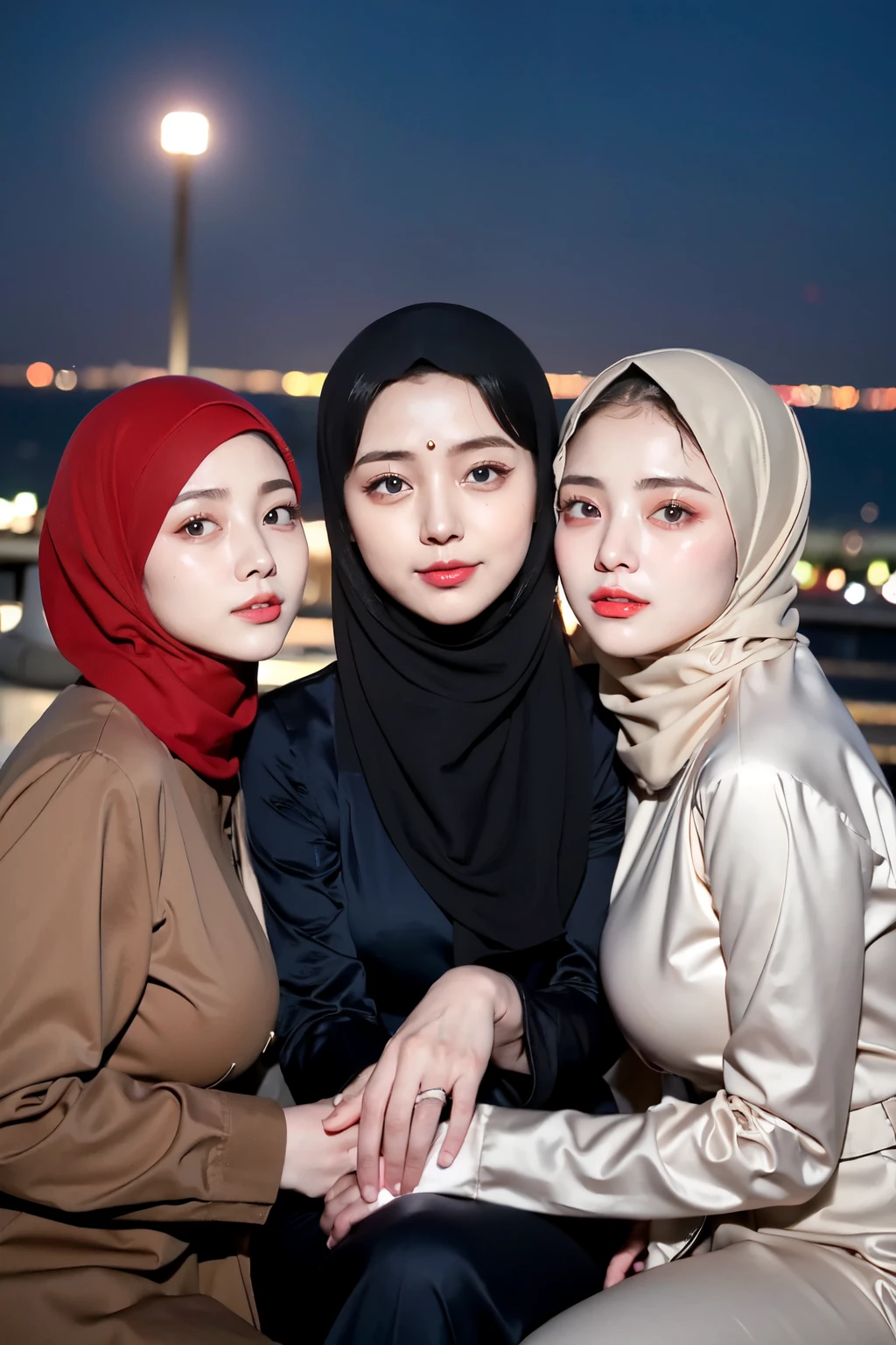 Three women sitting on a bench at night with a city in the background -  SeaArt AI