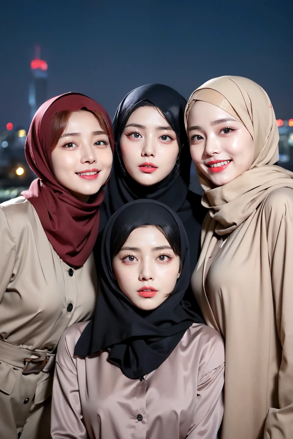 Three women in hijabs pose for a picture in front of a city skyline -  SeaArt AI