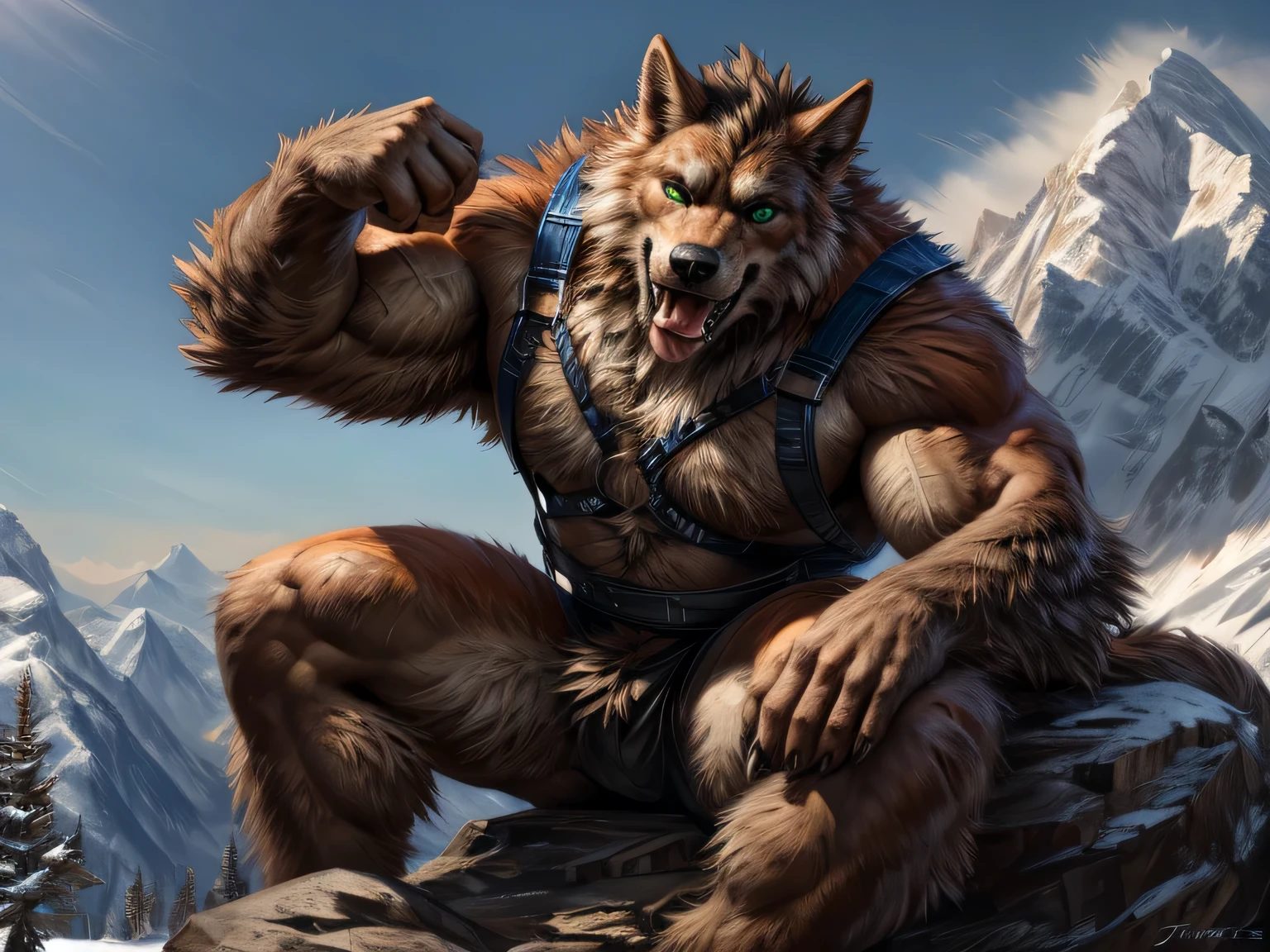 very muscular werewolf, flexing muscles, green eyes, realistic eyes, detailed eyes, pupil, detailed pupil, eyes looking at camera, orange fur, white chest fur, black beard, very furry, standing on top of a mountain, wearing climbing harness. 4k, high resolution, best quality, perfect colors, perfect shadows, perfect lighting, posted on e621, furry body, anthro body, anthro werewolf, werewolf, solo, male, adult, dad body, masculine, (very muscular, large muscles, buff:1.2), correct anatomy, (photorealistic fur, detailed fur, epic, masterpiece:1.2), (detailed mountain background, on top of the mountain, clouds, nature landscape, snow, winter), sexy shadows, (by echin, by Taran Fiddler, by Juiceps, by Rukis), (detailed eyes:1.2), impressive physique, confident pose, strong pose, confident face, proud, looking at camera, close to camera, happy, chest, (open mouth, tongue), pectorals, (front-angle shot:1.2), biceps, flexing, bodybuilder, sitting in a rock, beautifull eyes