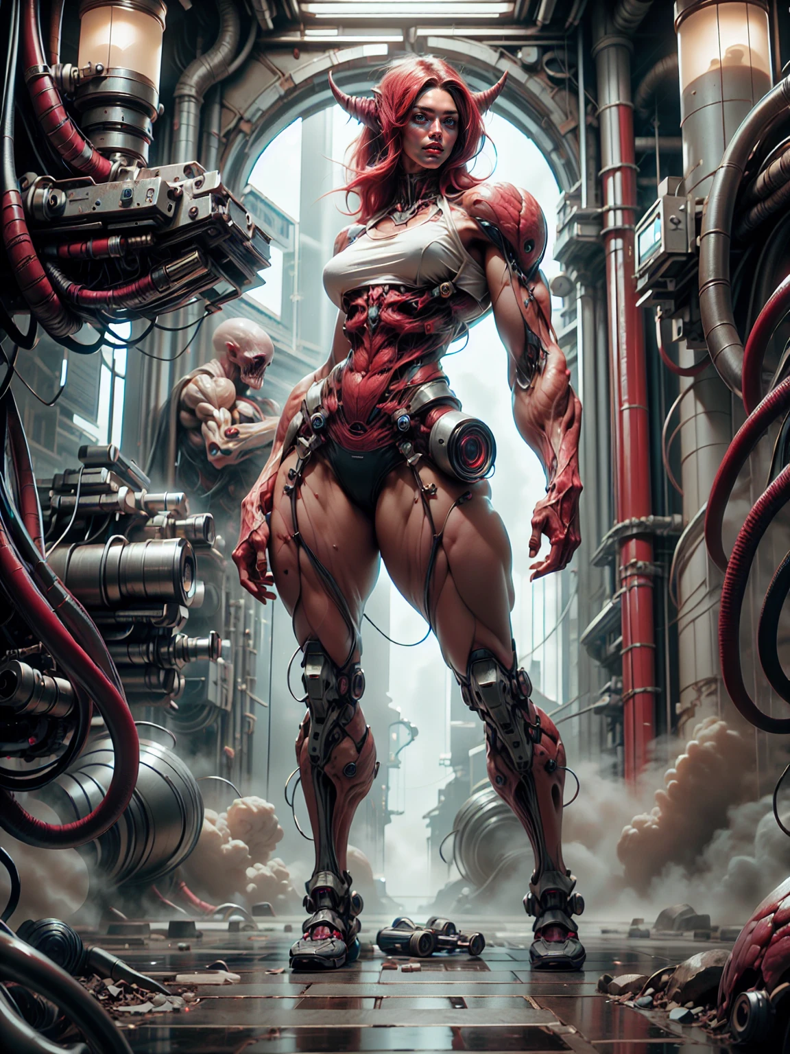 Cinematic, clear facial features and insanely detailed, the image captures the essence of (1 girl), (megan fox:1.25), (long red hair), (carnage skinless bio-mecha:1.25), (1 super muscular undead skinless succubus with gigantic horns:1.25), (covered in red necrotic skinless bio-mecha muscle:1.25), (exposed muscles & veins everywhere:1.25), (perfect fingers:1.25) (full body pose:1.25). The color grading is beautifully done, enhancing the overall cinematic feel. Unreal Engine makes her appearance even more mesmerizing. With depth of field (DOF), every detail is focused and accentuated, drawing attention to her eyes and hair. Peak image resolution utilizing super-resolution technology ensures pixel perfection. Cinematic lighting enhances her aura, while anti-aliasing techniques like FXAA and TXAA keep the edges smooth and clean. Adding realism to the muscular bio-mecha succubus , RTX technology enables ray tracing. Additionally, SSAO (Screen Space Ambient Occlusion) gives depth and realism to the scene, the girl's presence even more convincing. In the post-processing and post-production stages, tone mapping enhances the colors, creating a captivating visual experience. The integration of CGI (Computer-Generated Imagery) and VFX (Visual Effects brings out her demonic features seamlessly . Incredible level of detail, with intricate elements meticulously crafted, the artwork hyper maximalist and hyper-realistic. Volumetric effects add depth and dimension, with unparalleled photorealism. 8k resolution rendering ensures super detailed visuals. The volumetric lighting adds a touch of magic, highlighting her beauty and aura in an otherworldly way. High Dynamic Range (HDR) tech makes the colors pop, adding richness to the overall composition. Ultimately, this artwork presents an unreal, yet stunningly real portrayal of an incredibly beautiful bio-mecha succubus girl. The sharp focus ensures that every feature is crisply defined, creating a captivating presence. (girl face:1.45)