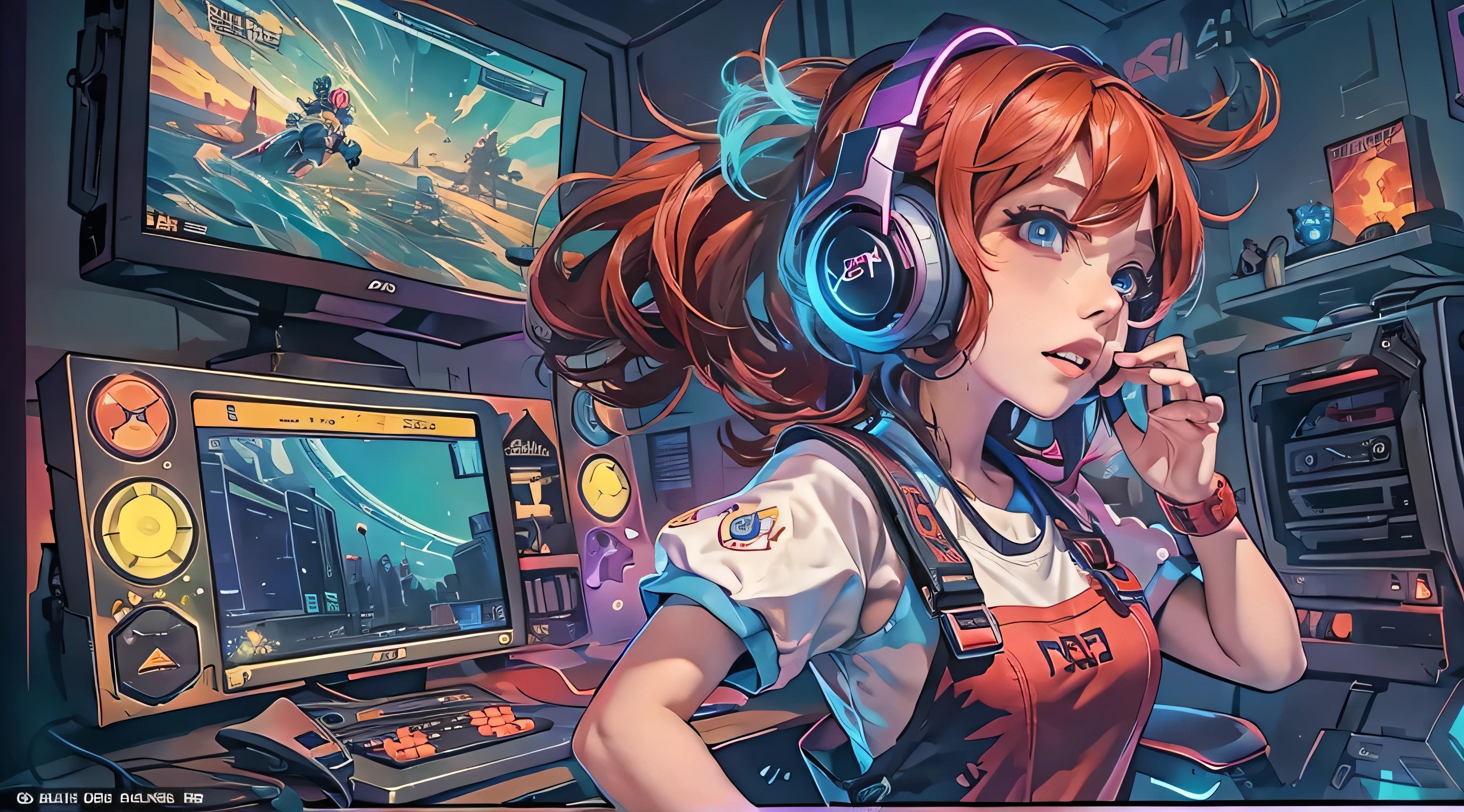 A girl redhead, wearing a colorful outfit and cosplay costume, stands in a dynamic pose. She has a playful expression on her face as she enjoys playing video games. The girl is a gamer, immersed in her virtual world, holding a console controller in one hand and a keyboard in the other. She wears headphones, symbolizing her dedication to gaming. The scene is set in a brightly lit studio with soft lighting, enhancing the vivid colors of the girl’s outfit. The composition is creative and cartoonish, with a background scenery featuring artistic interpretation of video game elements. Glowing digital effects surround the girl, adding to the energetic and action-packed atmosphere. Electric blue accents are scattered throughout the image, giving it a mysterious and futuristic feel. Overall, the prompt aims to capture the fun, enthusiasm, and creativity associated with gaming, while showcasing the girl's passion and love for video games in an anime-style artwork.
Gamer girl redhead sexy outfit slim body