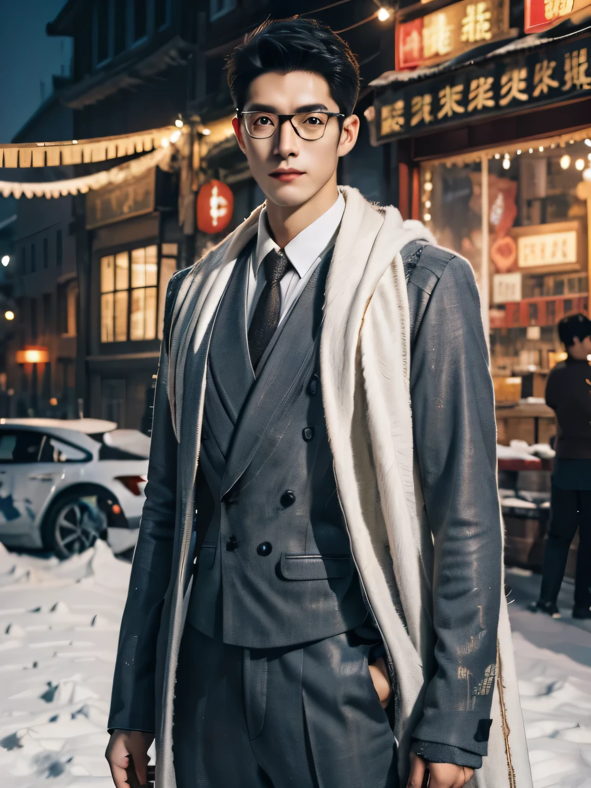 Male character design wearing glasses），（Sad handsome Chinese man Pan An looking at the camera：1.37），（Pan An wears modern and fashionable men&#39;s clothing&#39;s blue sweater suit pants：1.37），Pan An’s skin is fair and flawless，The bridge of his nose is high and straight，(long,Messy shawl hair：1.1），（double eyelids, Bright Eyes, Clear and bright big eyes），sad prince，Food with red lips and white teeth，gentle melancholy，Pan An is tall and tall.，He has a strong physique，toned muscles，Fresh and toned abs, His exquisite facial features，King style， messy black hair,wind magic, background：Blue city street night view，snow，