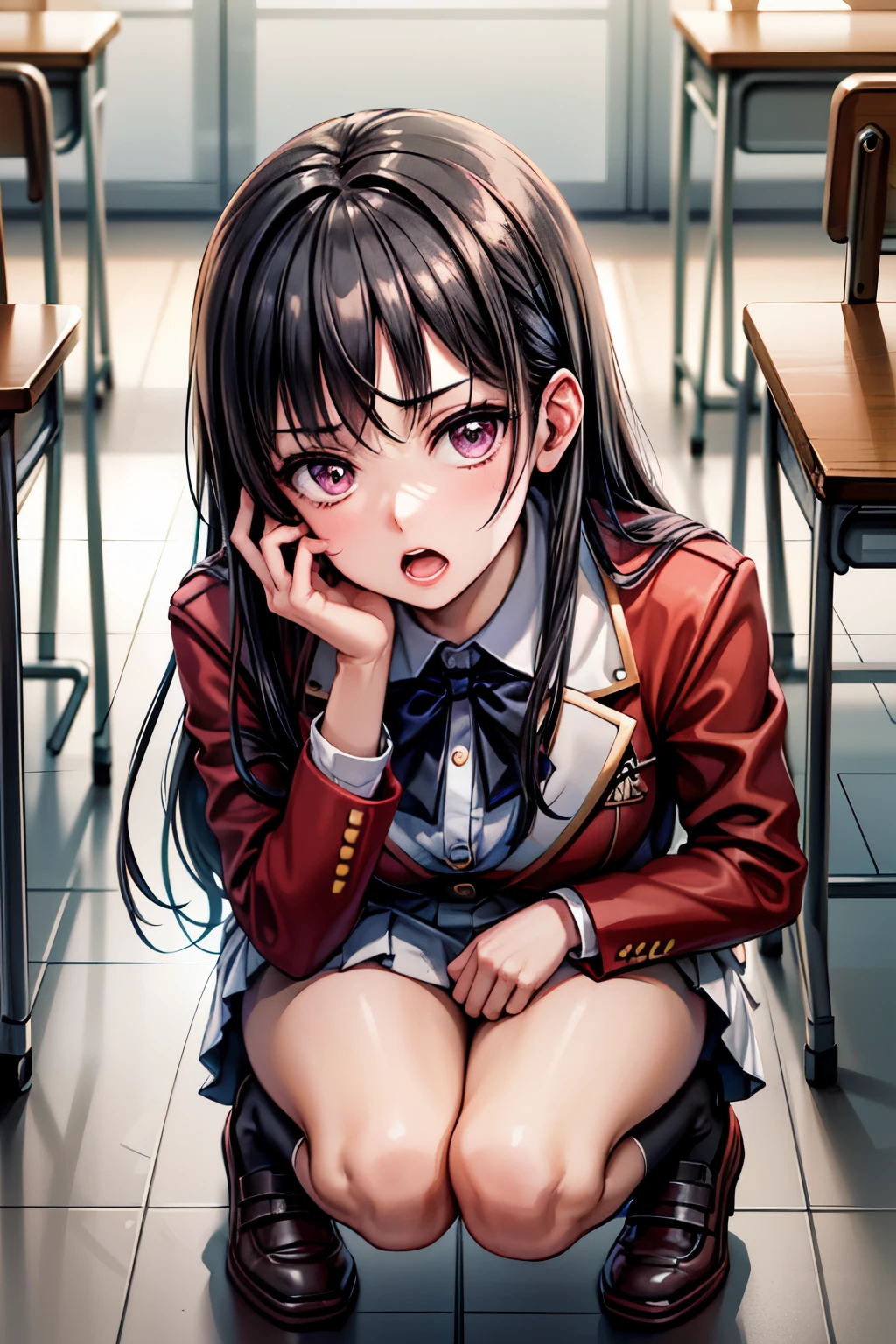 ((best quality)), ((masterpiece)), (detailed), perfect face, 1girl, pettied highschool girl, black hair, red/purple eyes, white shirt, white mini skirt, red jacket, black high socks, crouching on a floor in a classroom, looking at viewer, flushed cheeks, drops of sweat rolling down her face, looking embarressed, open mouth, detailed, 8k, high resolution, masterpiece, horikita suzune, classroom of the elite, full body, front view, viewer looking at her from above