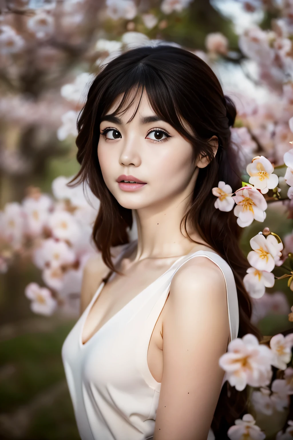blurred background, cherry blossoms, anatomy, asian, smart woman, small face, beautiful detailed eyes, thick lips, detailed eyes and face, brown eyes, long eyelashes, 1 girl, skin like white porcelain, soft and delicate skin, bangs short, a soft look, long hair, brown hair, careful rendering of hair, elegant posture, natural light, good atmosphere, rosy cheeks, born, top quality, high resolution, masterpiece: 1.3, 8k