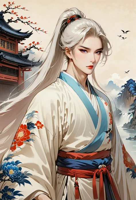 1 boy, young and beautiful、white dragon asian, , male, very long white hair, long white hair、high ponytail、white eyelashes, purp...