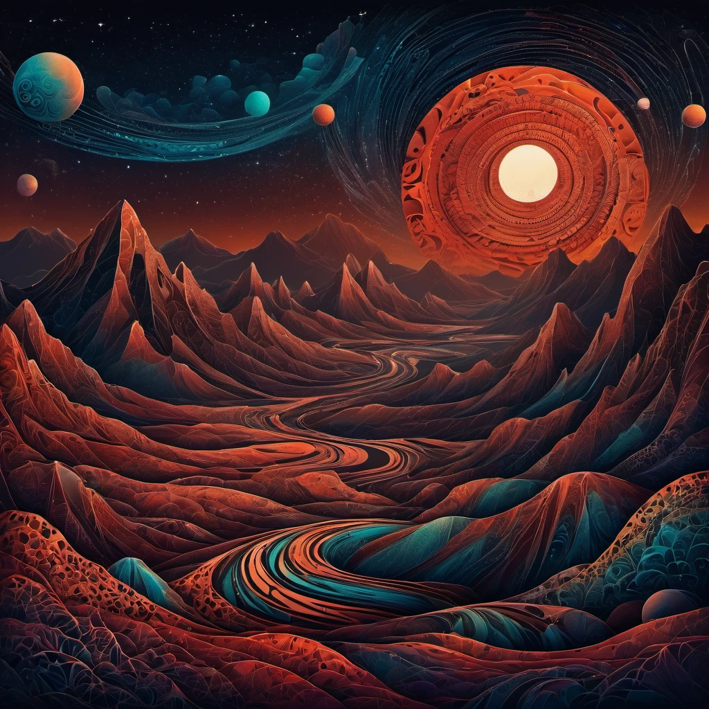 (best quality, highres, ultra sharp), magical alien landscape, mars, about the curvature of space time, round mountains, zentangle lines, art decostyle , full colored, 3d crunch, dark tones,