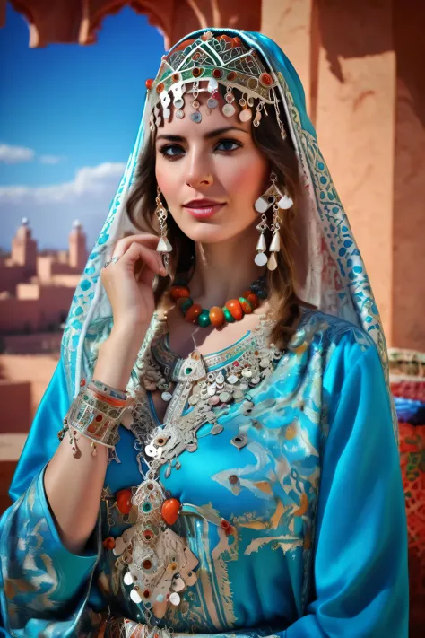 long shot scenic professional photograph of pretty woman, brunette, aqua eyes, jewelry, Moroccan Caftan, TazerzitXL, isni, headd...