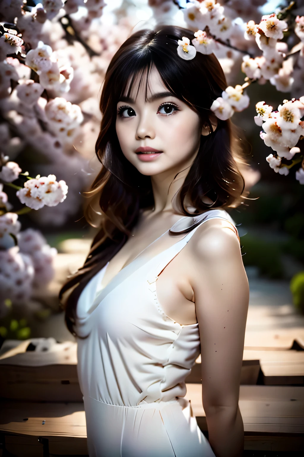 blurred background, cherry blossoms, anatomy, asian, smart woman, small face, beautiful detailed eyes, thick lips, detailed eyes and face, brown eyes, long eyelashes, 1 girl, skin like white porcelain, soft and delicate skin, bangs short, a soft look, long hair, brown hair, careful rendering of hair, elegant posture, natural light, good atmosphere, rosy cheeks, born, top quality, high resolution, masterpiece: 1.3, 8k