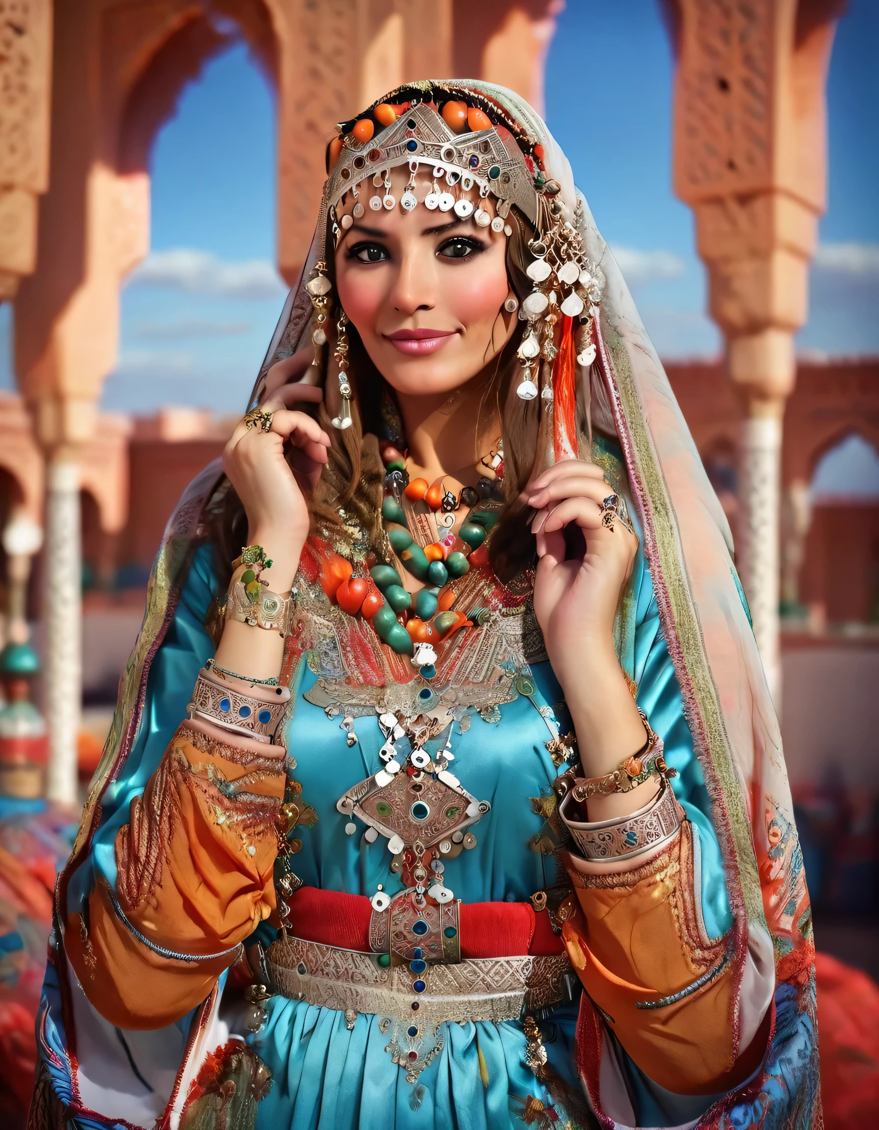 long shot scenic professional photograph of pretty woman, brunette, light eyes, jewelry, Moroccan Caftan, TazerzitXL, isni, headdress, Moroccan pattern background., Marrakech, perfect viewpoint, highly detailed, wide-angle lens, hyper realistic, with dramatic sky, polarizing filter, natural lighting, vivid colors, everything in sharp focus, HDR, UHD, K