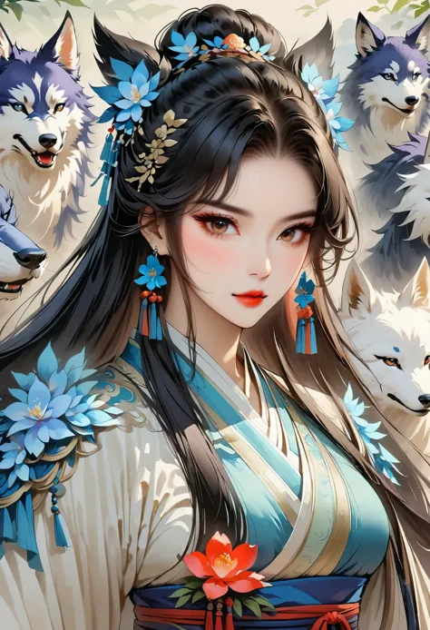 a pack of wolves lives in、each with its own unique characteristics、there is a way to survive in life。they are black wolves、white...