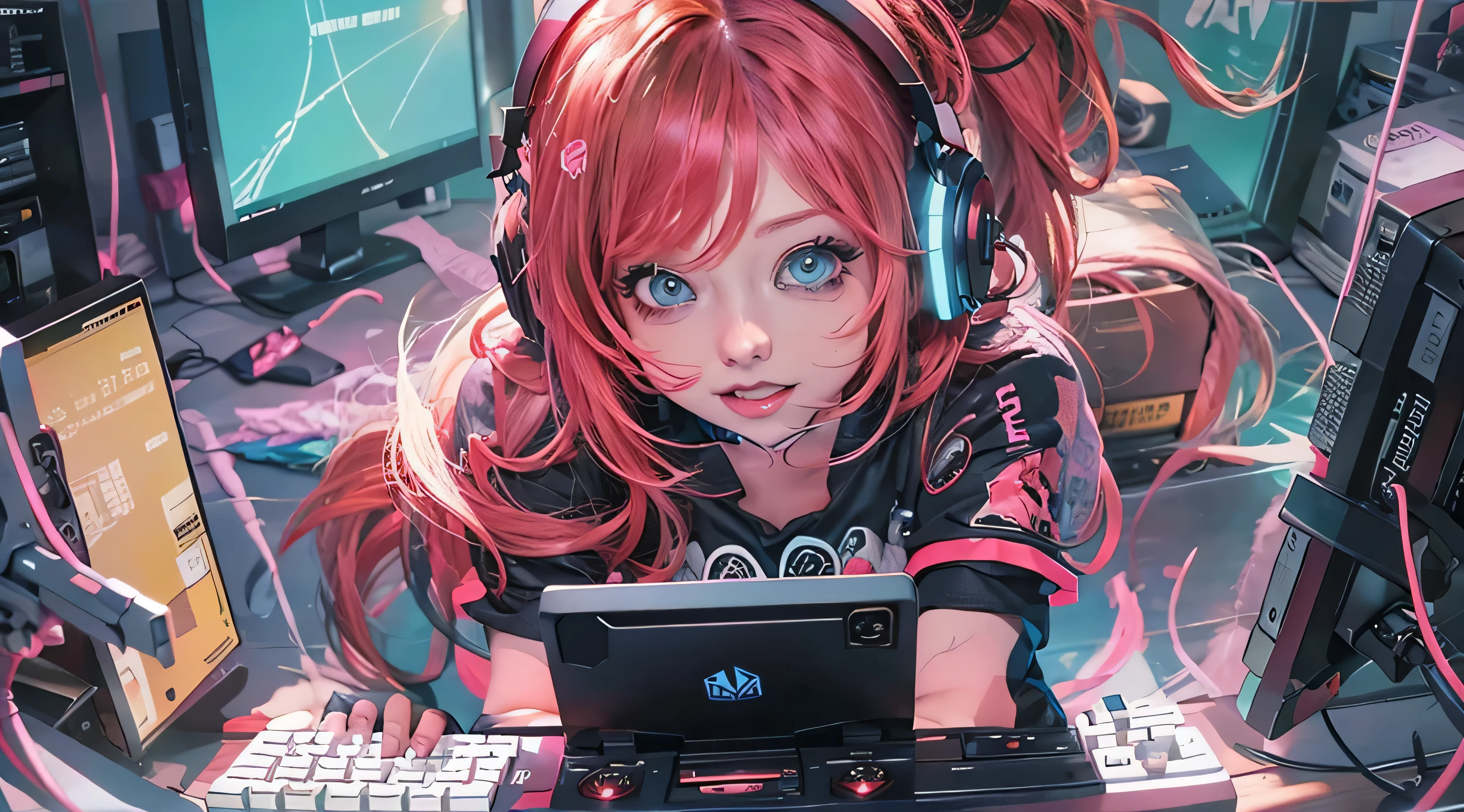 A girl redhead, wearing a colorful outfit and cosplay costume, stands in a dynamic pose. She has a playful expression on her face as she enjoys playing video games. The girl is a gamer, immersed in her virtual world, holding a console controller in one hand and a keyboard in the other. She wears headphones, symbolizing her dedication to gaming. The scene is set in a brightly lit studio with soft lighting, enhancing the vivid colors of the girl’s outfit. The composition is creative and cartoonish, with a background scenery featuring artistic interpretation of video game elements. Glowing digital effects surround the girl, adding to the energetic and action-packed atmosphere. Electric blue accents are scattered throughout the image, giving it a mysterious and futuristic feel. Overall, the prompt aims to capture the fun, enthusiasm, and creativity associated with gaming, while showcasing the girl's passion and love for video games in an anime-style artwork.
Gamer girl redhead sexy outfit slim body