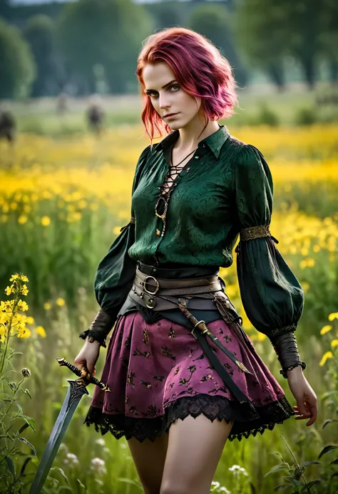 photo shot on Nikon D850, Bloodborne ~ Dark Souls 3 ~ Elden Ring ~ ultra detailed gorgeous woman with dark pink hair, open green...