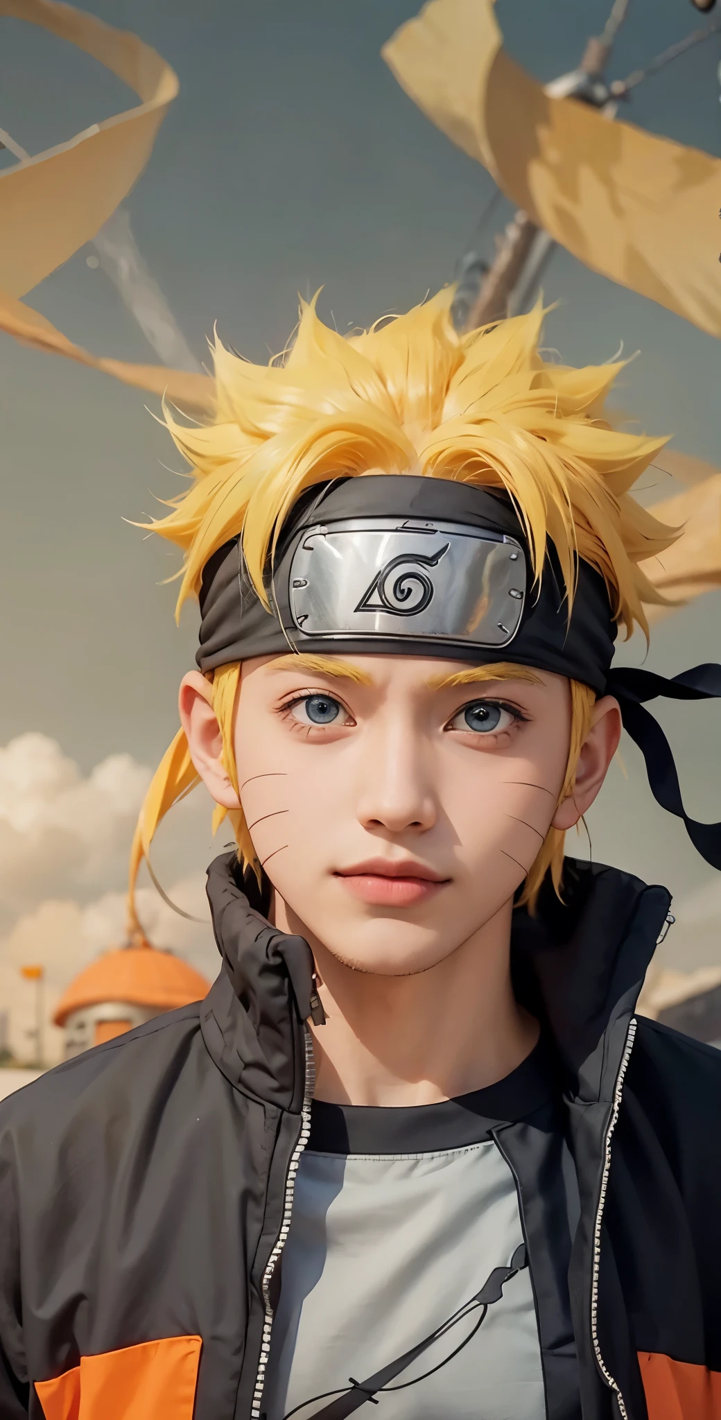 1 homem, uzumaki naruto no anime naruto shippuuden, cabelo curto , cabelo amarelo, olhos azuis, bonito, roupas laranja, Sorriso, roupas realistas, roupas detalhadas, fundo da cidade, Ultra detalhe, realista, meio corpo, ✌🏻✌🏻✌🏻✌🏻
