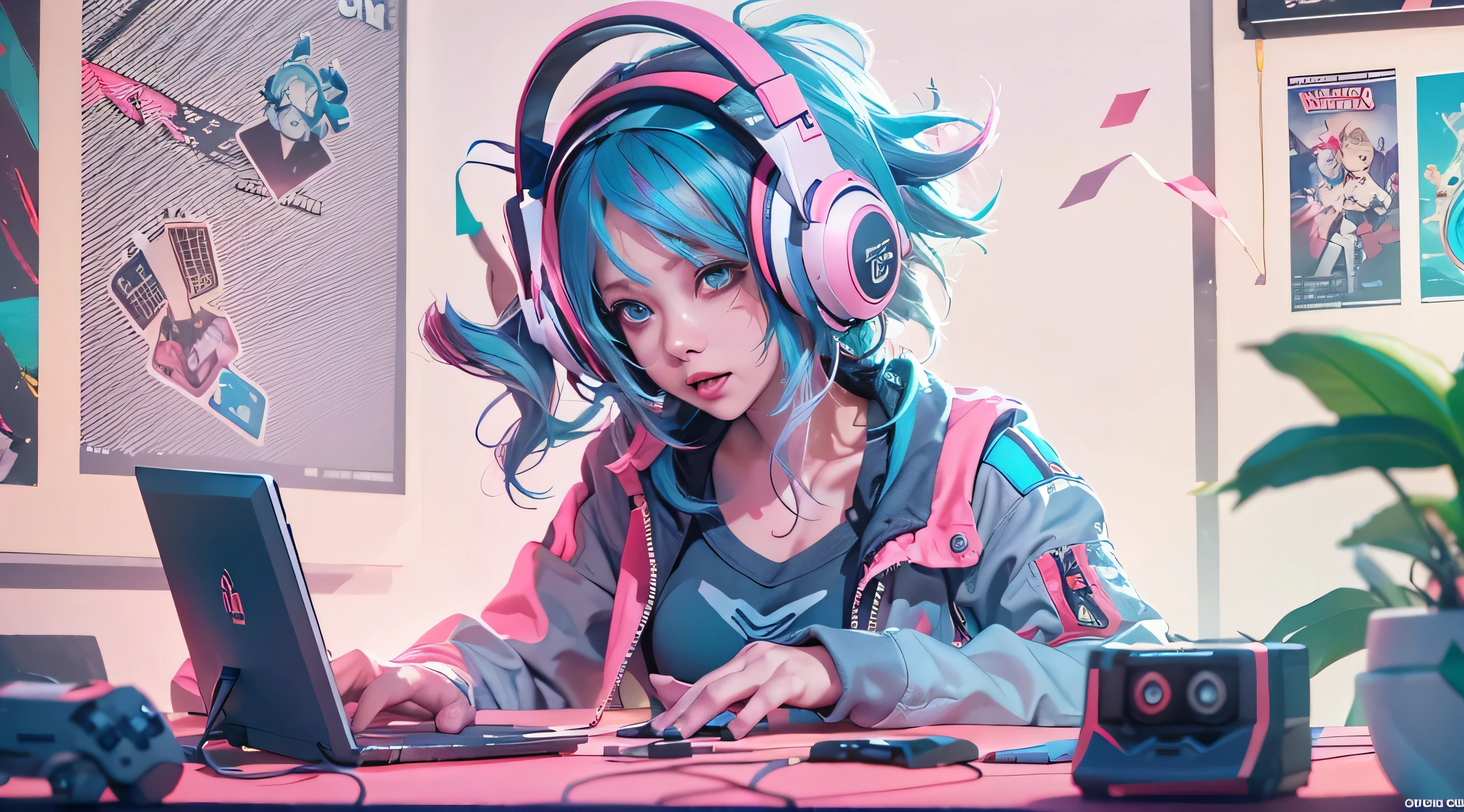 A girl with pink blue hair, wearing a colorful outfit and cosplay costume, stands in a dynamic pose. She has a playful expression on her face as she enjoys playing video games. The girl is a gamer, immersed in her virtual world, holding a console controller in one hand and a keyboard in the other. She wears headphones, symbolizing her dedication to gaming. The scene is set in a brightly lit studio with soft lighting, enhancing the vivid colors of the girl’s outfit. The composition is creative and cartoonish, with a background scenery featuring artistic interpretation of video game elements. Glowing digital effects surround the girl, adding to the energetic and action-packed atmosphere. Electric blue accents are scattered throughout the image, giving it a mysterious and futuristic feel. Overall, the prompt aims to capture the fun, enthusiasm, and creativity associated with gaming, while showcasing the girl's passion and love for video games in an anime-style artwork.
Gamer girl pink blue hair sexy outfit slim body