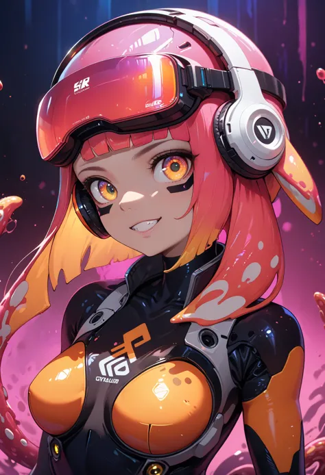 best quality, (ultra high res), smooth realism, 1girl, solo, ((vr visor, cyber wearface)), splatoon inkling, transparent tentacl...