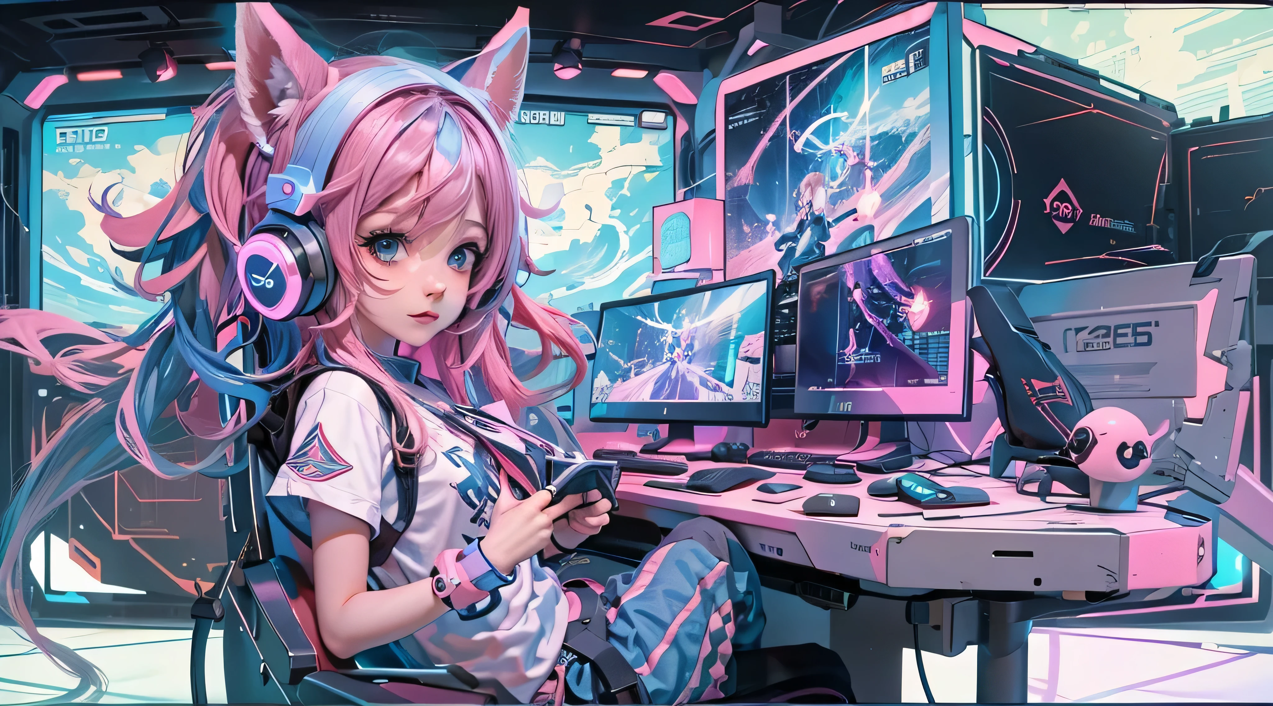 A girl with pink blue hair, wearing a colorful outfit and cosplay costume, stands in a dynamic pose. She has a playful expression on her face as she enjoys playing video games. The girl is a gamer, immersed in her virtual world, holding a console controller in one hand and a keyboard in the other. She wears headphones, symbolizing her dedication to gaming. The scene is set in a brightly lit studio with soft lighting, enhancing the vivid colors of the girl’s outfit. The composition is creative and cartoonish, with a background scenery featuring artistic interpretation of video game elements. Glowing digital effects surround the girl, adding to the energetic and action-packed atmosphere. Electric blue accents are scattered throughout the image, giving it a mysterious and futuristic feel. Overall, the prompt aims to capture the fun, enthusiasm, and creativity associated with gaming, while showcasing the girl's passion and love for video games in an anime-style artwork.
Gamer girl pink blue hair sexy outfit slim body