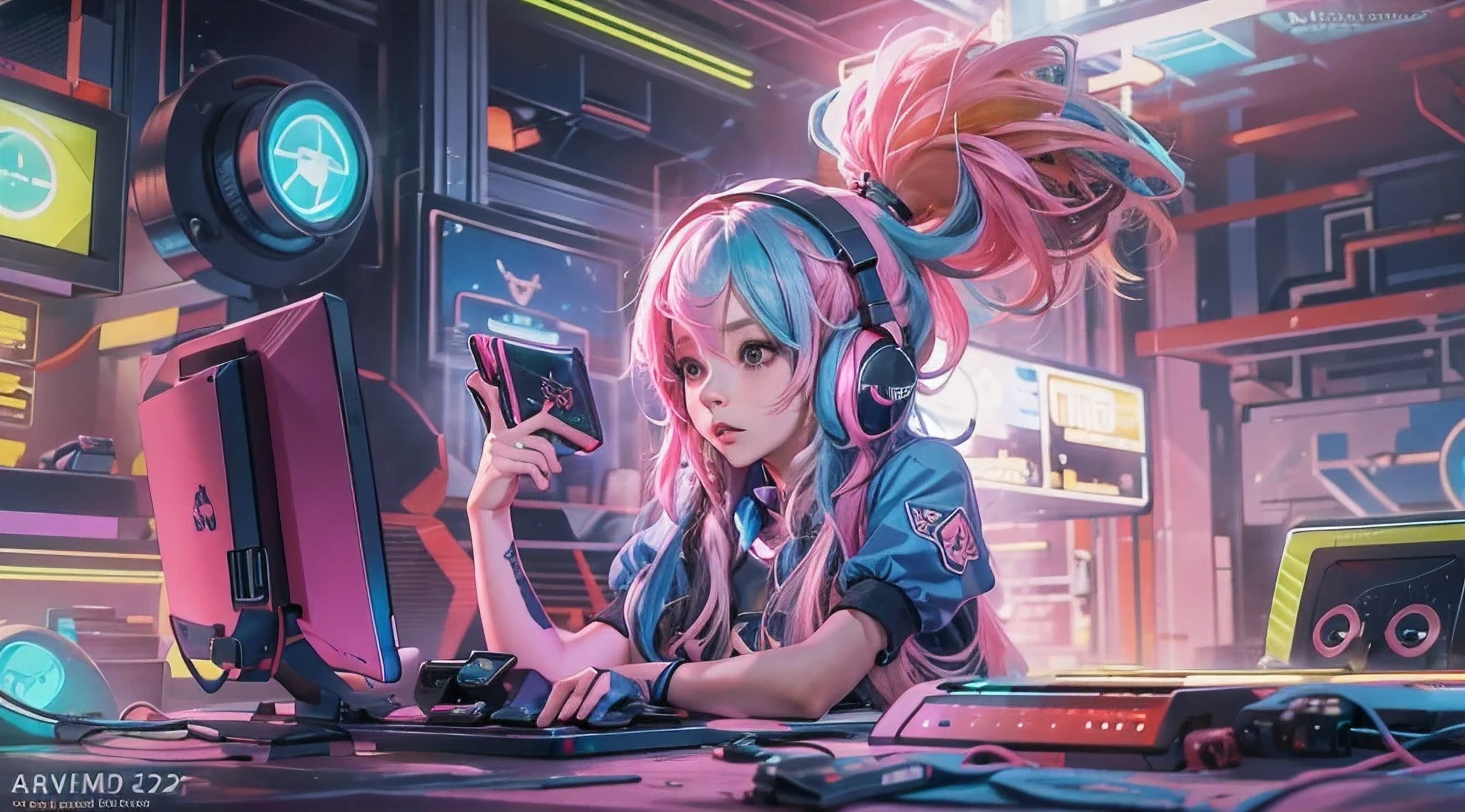 A girl with pink blue hair, wearing a colorful outfit and cosplay costume, stands in a dynamic pose. She has a playful expression on her face as she enjoys playing video games. The girl is a gamer, immersed in her virtual world, holding a console controller in one hand and a keyboard in the other. She wears headphones, symbolizing her dedication to gaming. The scene is set in a brightly lit studio with soft lighting, enhancing the vivid colors of the girl’s outfit. The composition is creative and cartoonish, with a background scenery featuring artistic interpretation of video game elements. Glowing digital effects surround the girl, adding to the energetic and action-packed atmosphere. Electric blue accents are scattered throughout the image, giving it a mysterious and futuristic feel. Overall, the prompt aims to capture the fun, enthusiasm, and creativity associated with gaming, while showcasing the girl's passion and love for video games in an anime-style artwork.
Gamer girl pink blue hair sexy outfit slim body