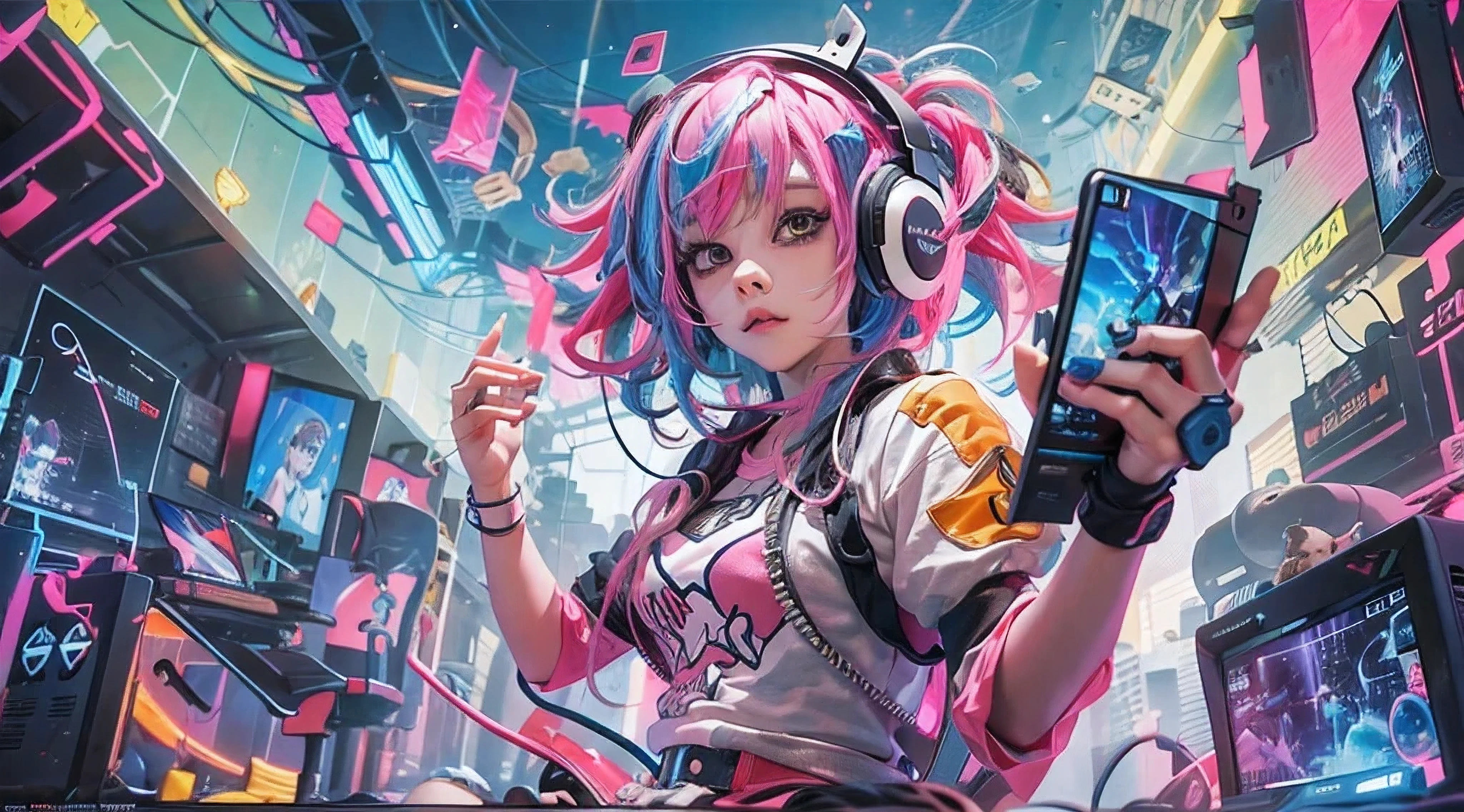 A girl with pink blue hair, wearing a colorful outfit and cosplay costume, stands in a dynamic pose. She has a playful expression on her face as she enjoys playing video games. The girl is a gamer, immersed in her virtual world, holding a console controller in one hand and a keyboard in the other. She wears headphones, symbolizing her dedication to gaming. The scene is set in a brightly lit studio with soft lighting, enhancing the vivid colors of the girl’s outfit. The composition is creative and cartoonish, with a background scenery featuring artistic interpretation of video game elements. Glowing digital effects surround the girl, adding to the energetic and action-packed atmosphere. Electric blue accents are scattered throughout the image, giving it a mysterious and futuristic feel. Overall, the prompt aims to capture the fun, enthusiasm, and creativity associated with gaming, while showcasing the girl's passion and love for video games in an anime-style artwork.
Gamer girl pink blue hair sexy outfit slim body