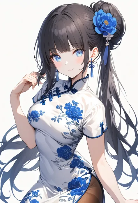 qipao,1girl,bangs,black hair,blue eyes,blue flower,breasts,china dress,chinese clothes,dress,earrings,floral print,hand up,long ...