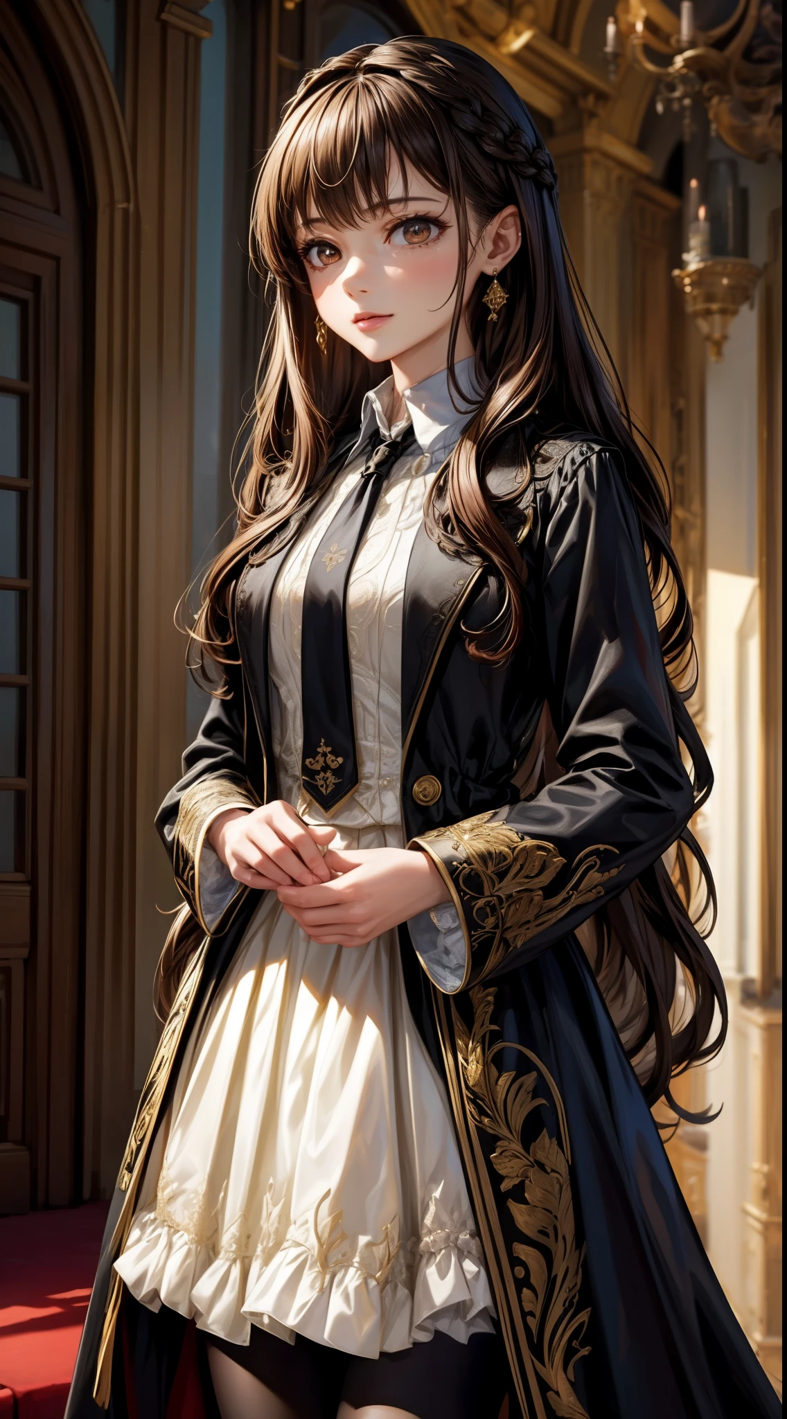 (highest quality, masterpiece, Super detailed, very detailed, High resolution), (1 girl, single, alone), 16 year old anime girl, brown hair, long raven hair, Slightly wavy hair, parted bangs, magician, brown eyes, diamond earrings, black long coat, tie, white shirt, black skirt, noble, noble clothes, beautiful, ethereal, elegant, Prestigious, classic, royal building, natural lip, magic school,(((face with intricate details)))