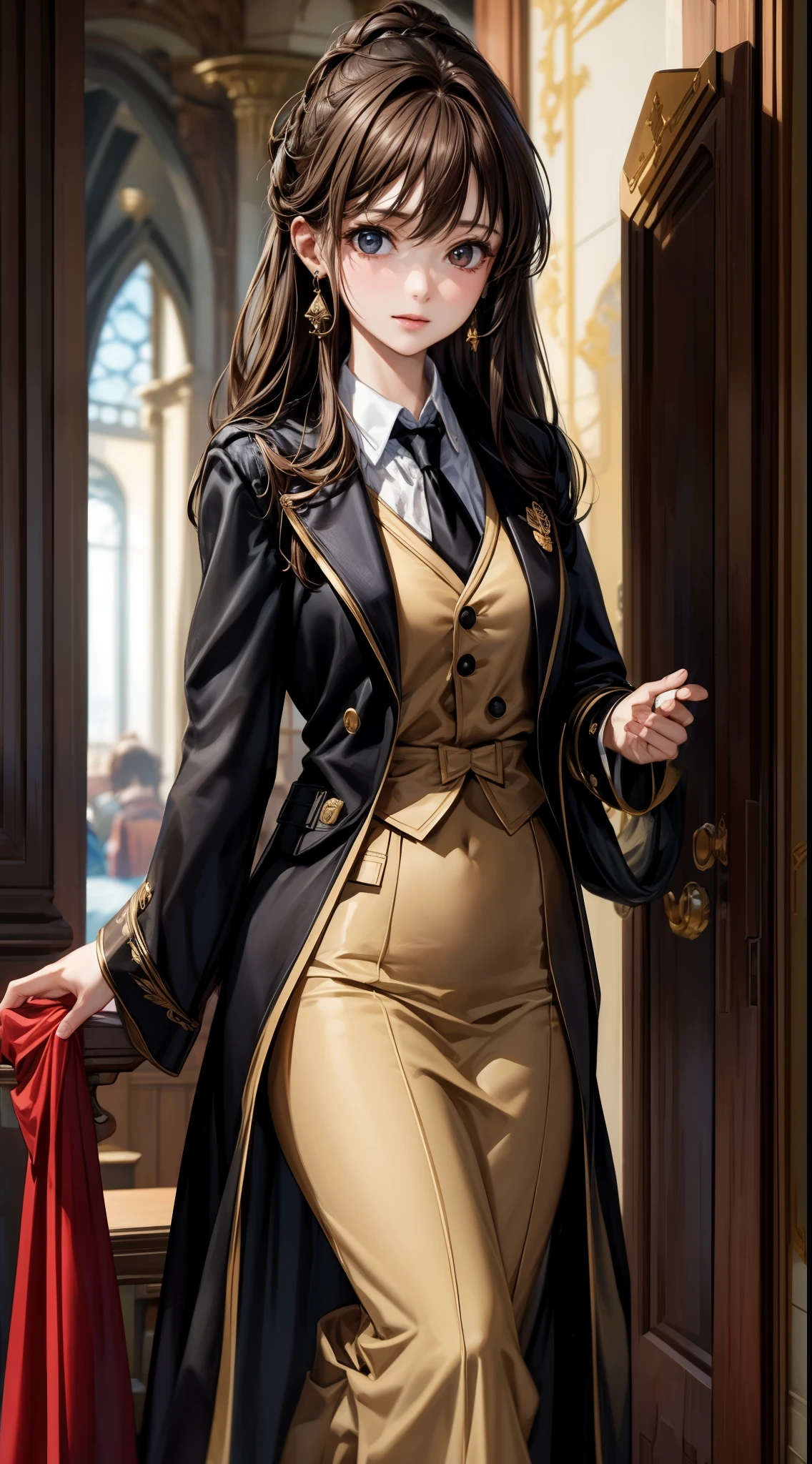 (highest quality, masterpiece, Super detailed, very detailed, High resolution), (1 girl, single, alone), 16 year old anime girl, brown hair, long raven hair, Slightly wavy hair, parted bangs, magician, brown eyes, diamond earrings, black long coat, tie, white shirt, black skirt, noble, noble clothes, beautiful, ethereal, elegant, Prestigious, classic, royal building, natural lip, magic school