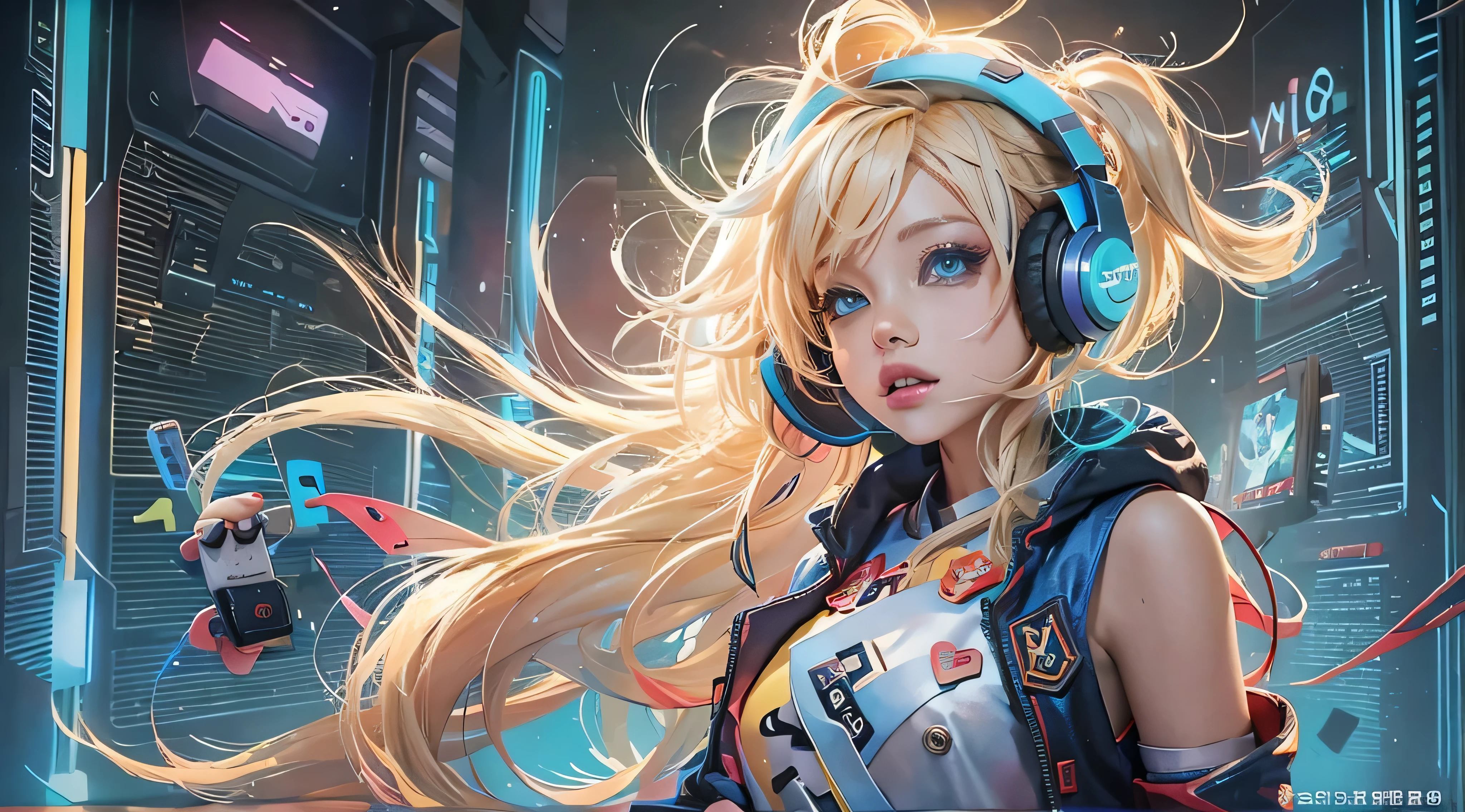 A girl with blond hair, wearing a colorful outfit and cosplay costume, stands in a dynamic pose. She has a playful expression on her face as she enjoys playing video games. The girl is a gamer, immersed in her virtual world, holding a console controller in one hand and a keyboard in the other. She wears headphones, symbolizing her dedication to gaming. The scene is set in a brightly lit studio with soft lighting, enhancing the vivid colors of the girl’s outfit. The composition is creative and cartoonish, with a background scenery featuring artistic interpretation of video game elements. Glowing digital effects surround the girl, adding to the energetic and action-packed atmosphere. Electric blue accents are scattered throughout the image, giving it a mysterious and futuristic feel. Overall, the prompt aims to capture the fun, enthusiasm, and creativity associated with gaming, while showcasing the girl's passion and love for video games in an anime-style artwork.
Gamer girl blond hair sexy outfit slim body