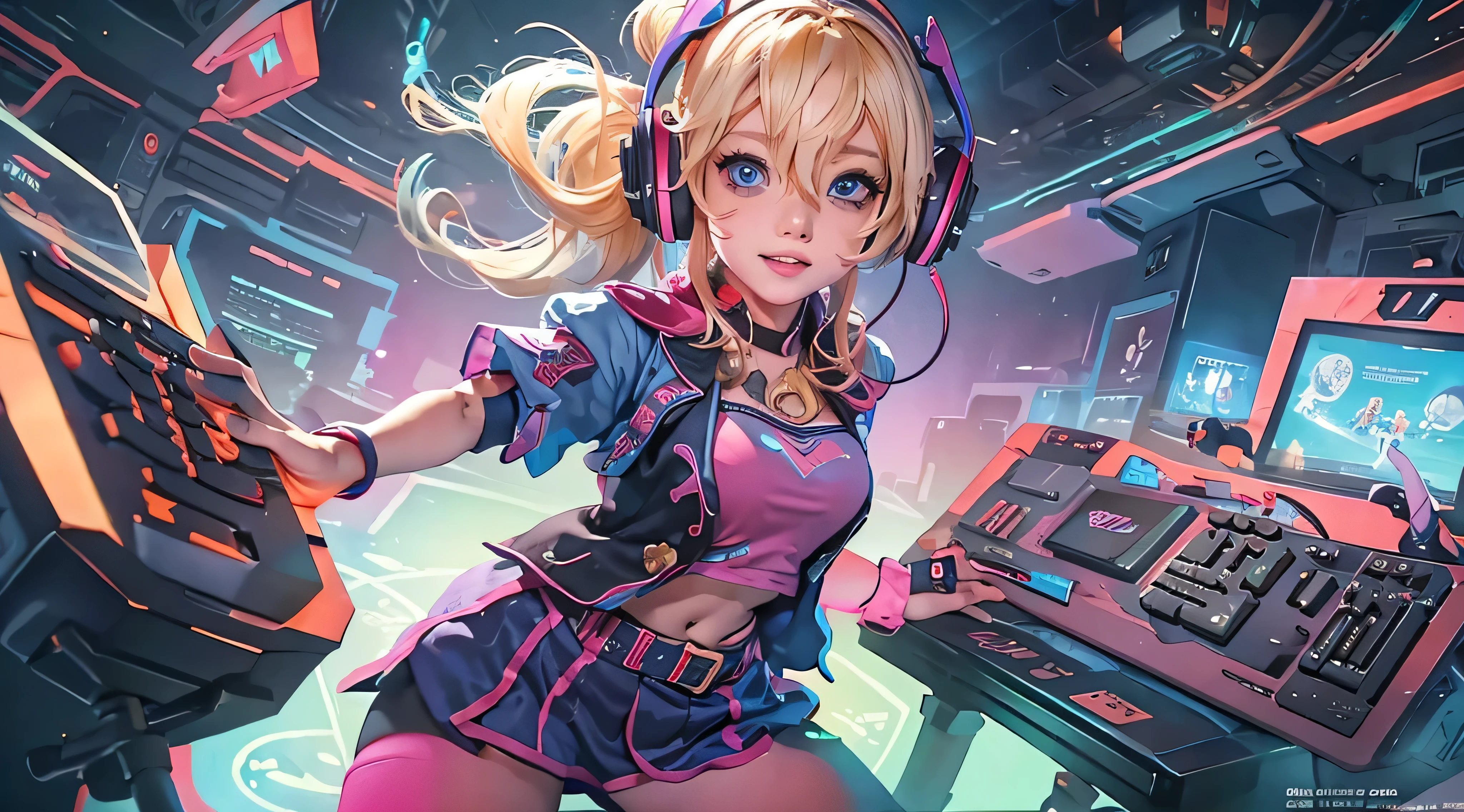 A girl with blond hair, wearing a colorful outfit and cosplay costume, stands in a dynamic pose. She has a playful expression on her face as she enjoys playing video games. The girl is a gamer, immersed in her virtual world, holding a console controller in one hand and a keyboard in the other. She wears headphones, symbolizing her dedication to gaming. The scene is set in a brightly lit studio with soft lighting, enhancing the vivid colors of the girl’s outfit. The composition is creative and cartoonish, with a background scenery featuring artistic interpretation of video game elements. Glowing digital effects surround the girl, adding to the energetic and action-packed atmosphere. Electric blue accents are scattered throughout the image, giving it a mysterious and futuristic feel. Overall, the prompt aims to capture the fun, enthusiasm, and creativity associated with gaming, while showcasing the girl's passion and love for video games in an anime-style artwork.
Gamer girl blond hair sexy outfit slim body