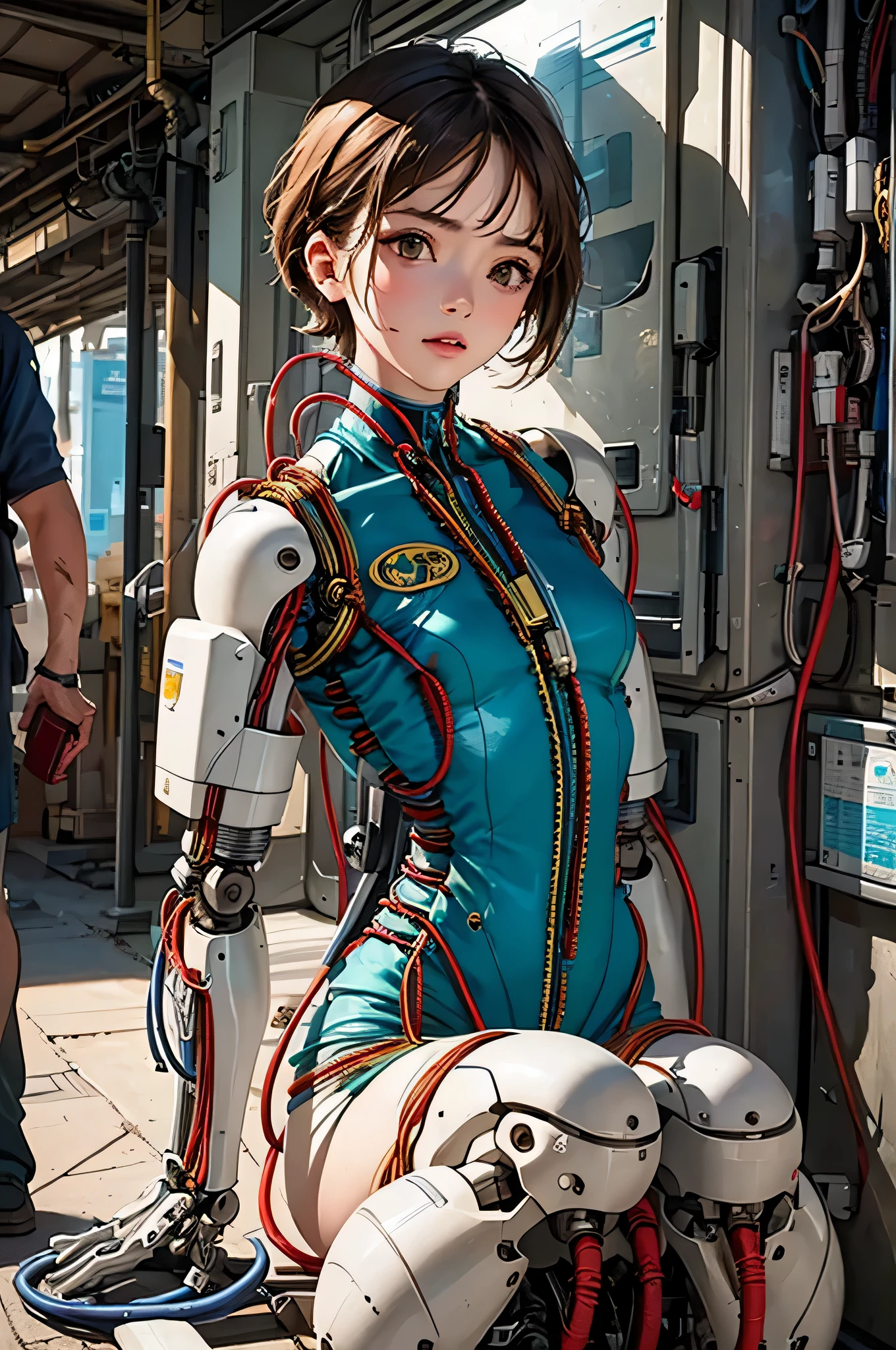 (((masterpiece))), (((highest quality))), ((Super detailed)), (Detailed CG illustration), ((very delicate and beautiful)),(cute delicate face),cinematic light,((1 mechanical girl)),alone,full body,(machine made joint:1.4),((mechanical limbs)),(exposed muscles),(blood vessels connected to tubes),(brain in a container:1.3),((mechanical spine attached to the back)),((Mechanical cervical spine attached to the neck)),((sitting)),No expression,(Wires and cables attached to the head and body:1.5),small breasts,short hair,(character focus),SF(((fighting pose)))