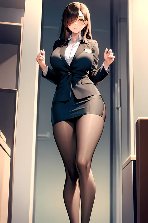 Tall woman, office lady, long brown hair, Zopf, green eyes, Birthmark under one eye, gigantic breasts, black office suit, skirt,...